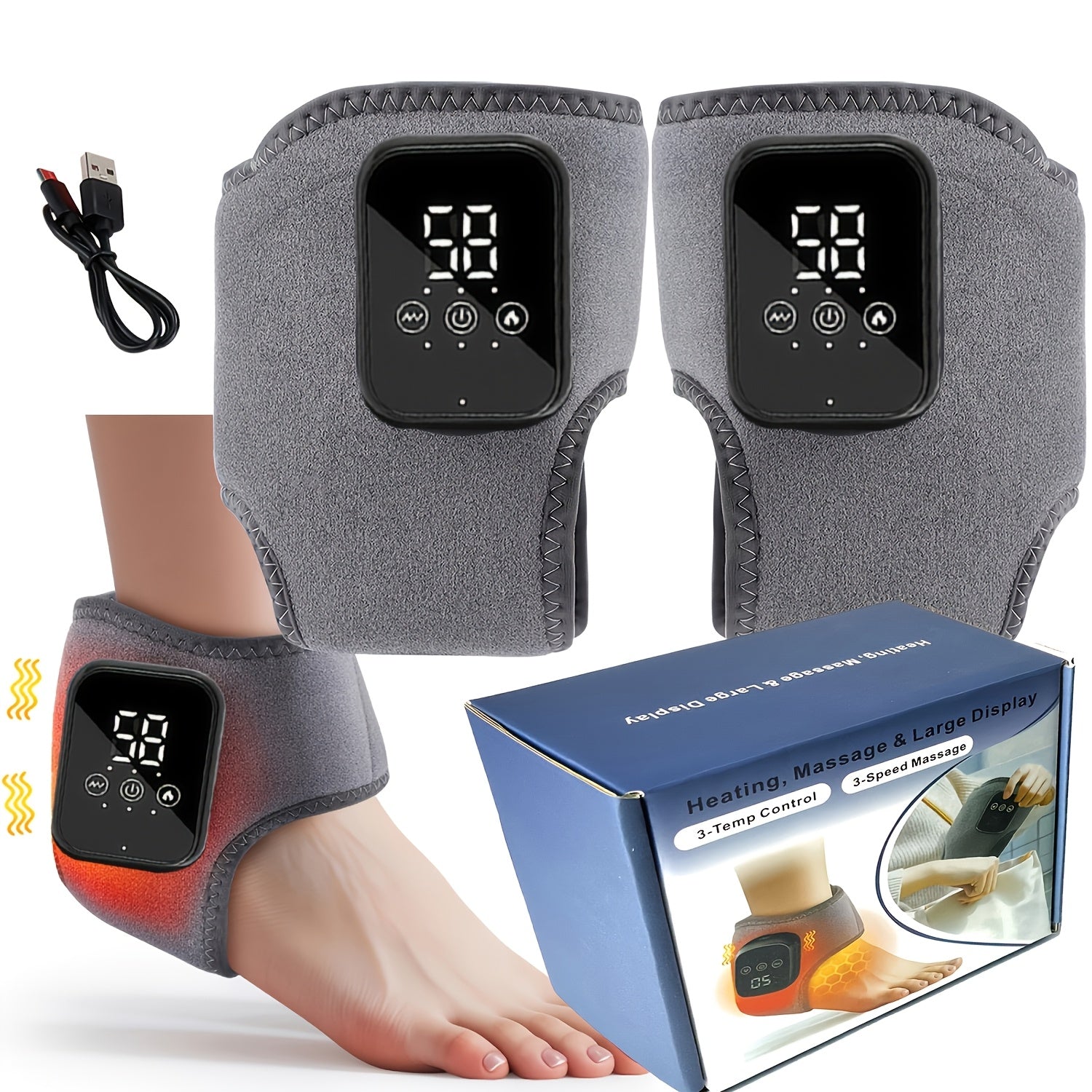 Foot Massager Electric Heated Ankle Wrap | 3 Heat Levels 3 Vibration Modes Touch Screen Timer | Relieves Ankle Pain Plantar Fasciitis Arthritis Muscle Fatigue | Fits Left & Right Feet | 1pc or 2pc Set