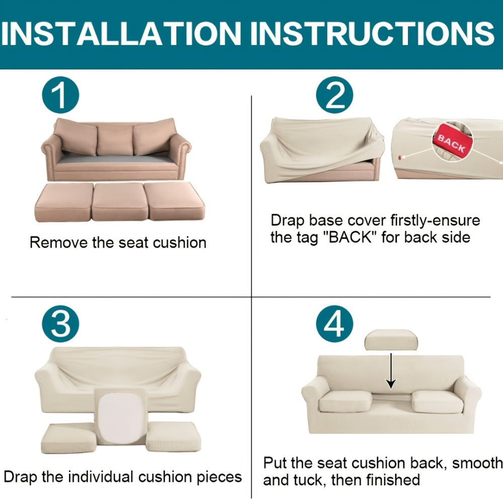 Stretch Sofa Cover Elastic Slipcover Grid Pattern Jacquard Anti-Slip Full Coverage Sofa Protector Machine Washable for 1 2 3 Seater XL Sofa Living Room Bedroom