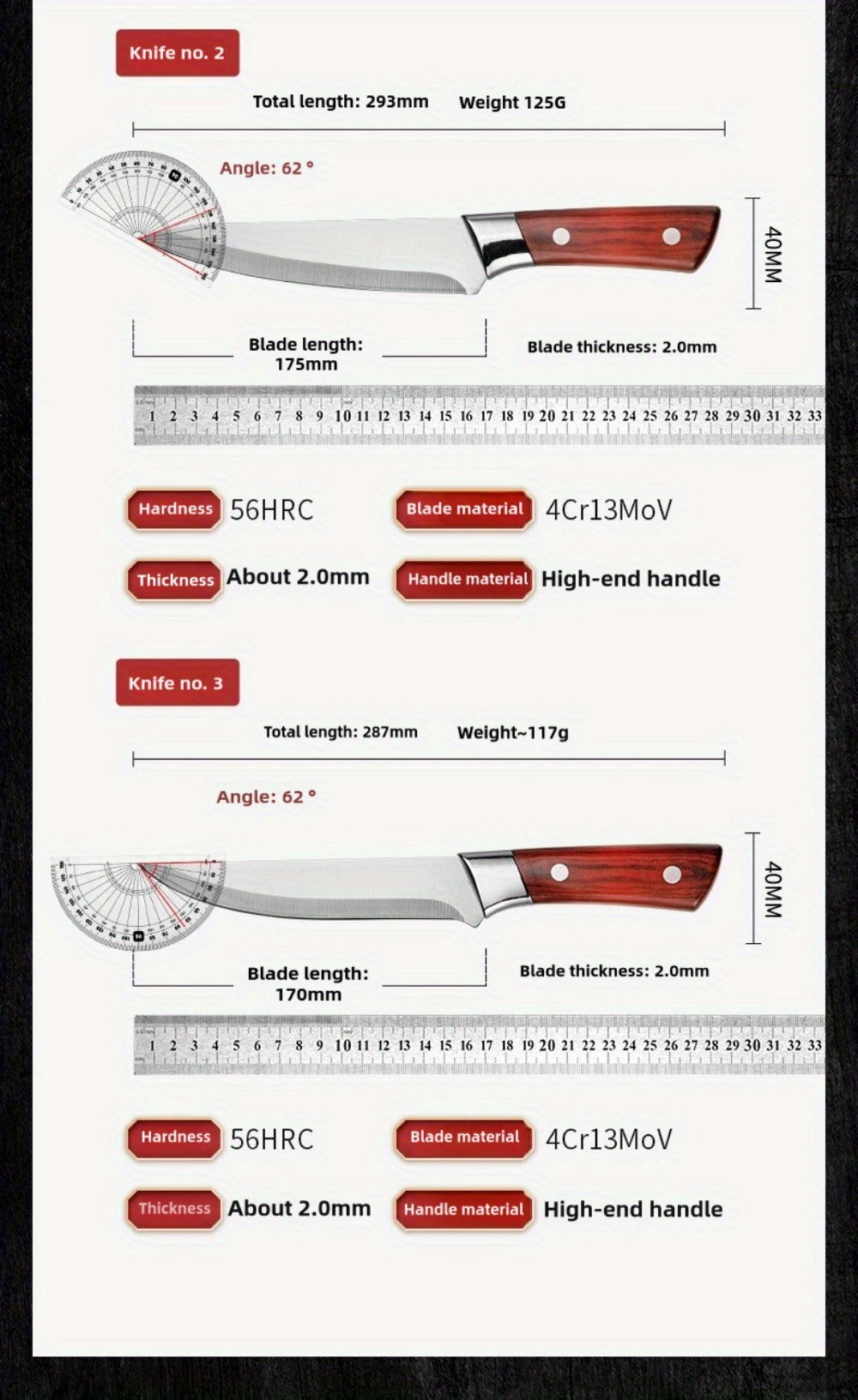Kitchen Knife Set 3-Piece Hand Forged Stainless Steel Chef Knives with Boning Fillet & Carving Blades ¨C Professional Butcher Set for Meat Cutting BBQ Father's Day Gift