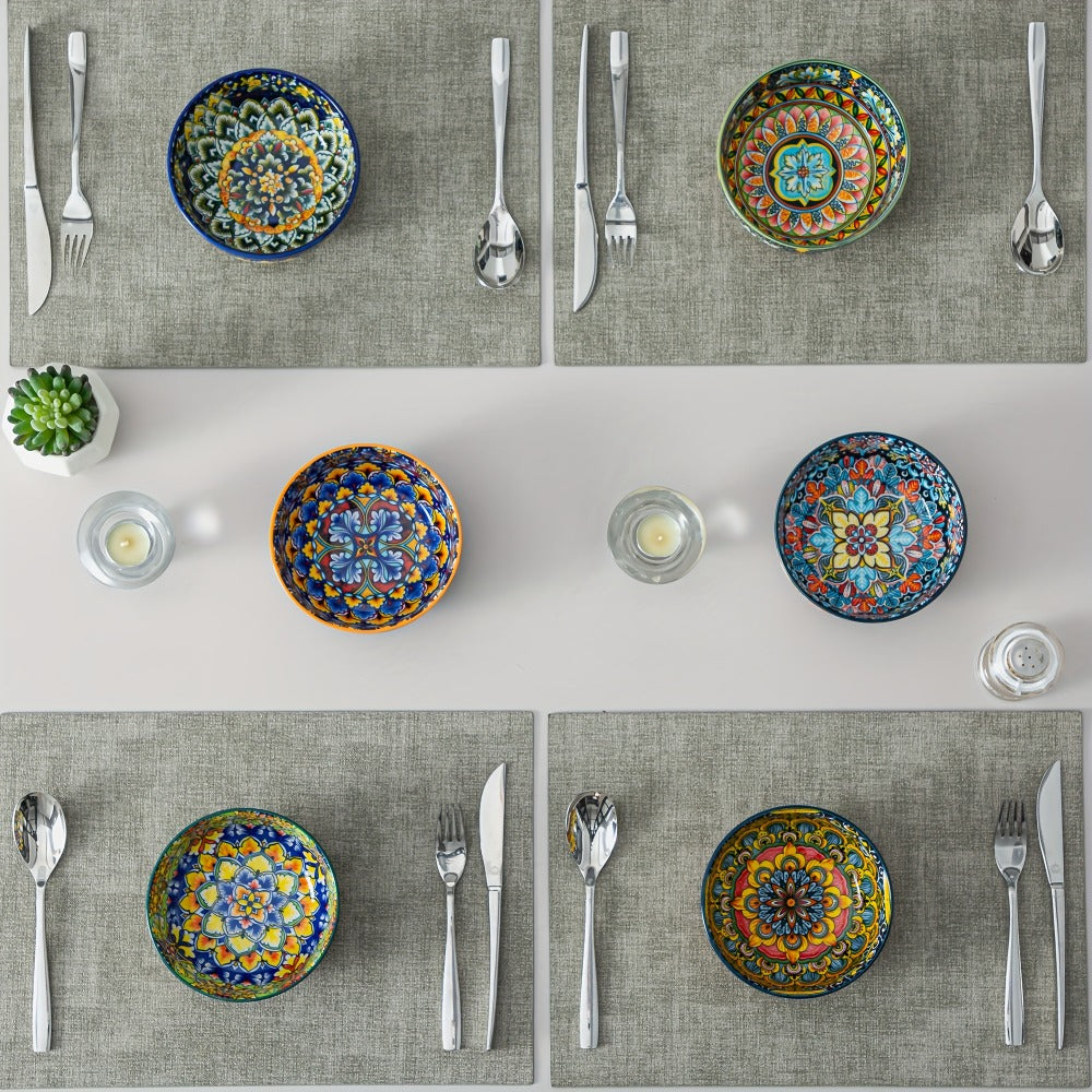 Cereal Bowl Set of 6 Bohemian Style 26oz ¨C Colorful Ceramic Bowls for Cereal Soup Oatmeal Salad Ice Cream Pasta Microwave Dishwasher Safe Boho Kitchen Decor Gift for Home