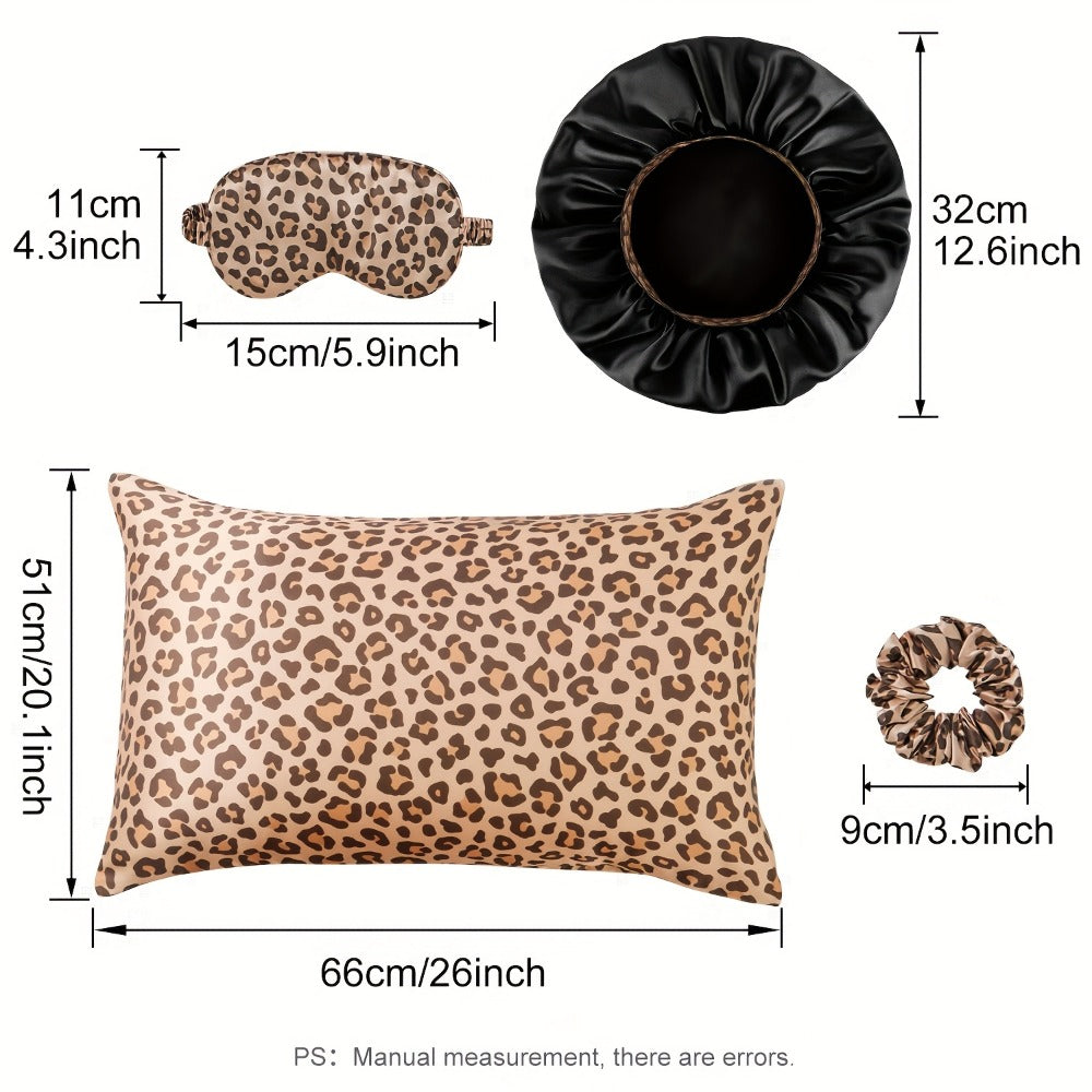 Leopard Print Pillow Covers Set of 4 with Sleep Mask and Headband Machine Washable Polyester Woven Fabric Travel Bedroom Decorative Pillowcase