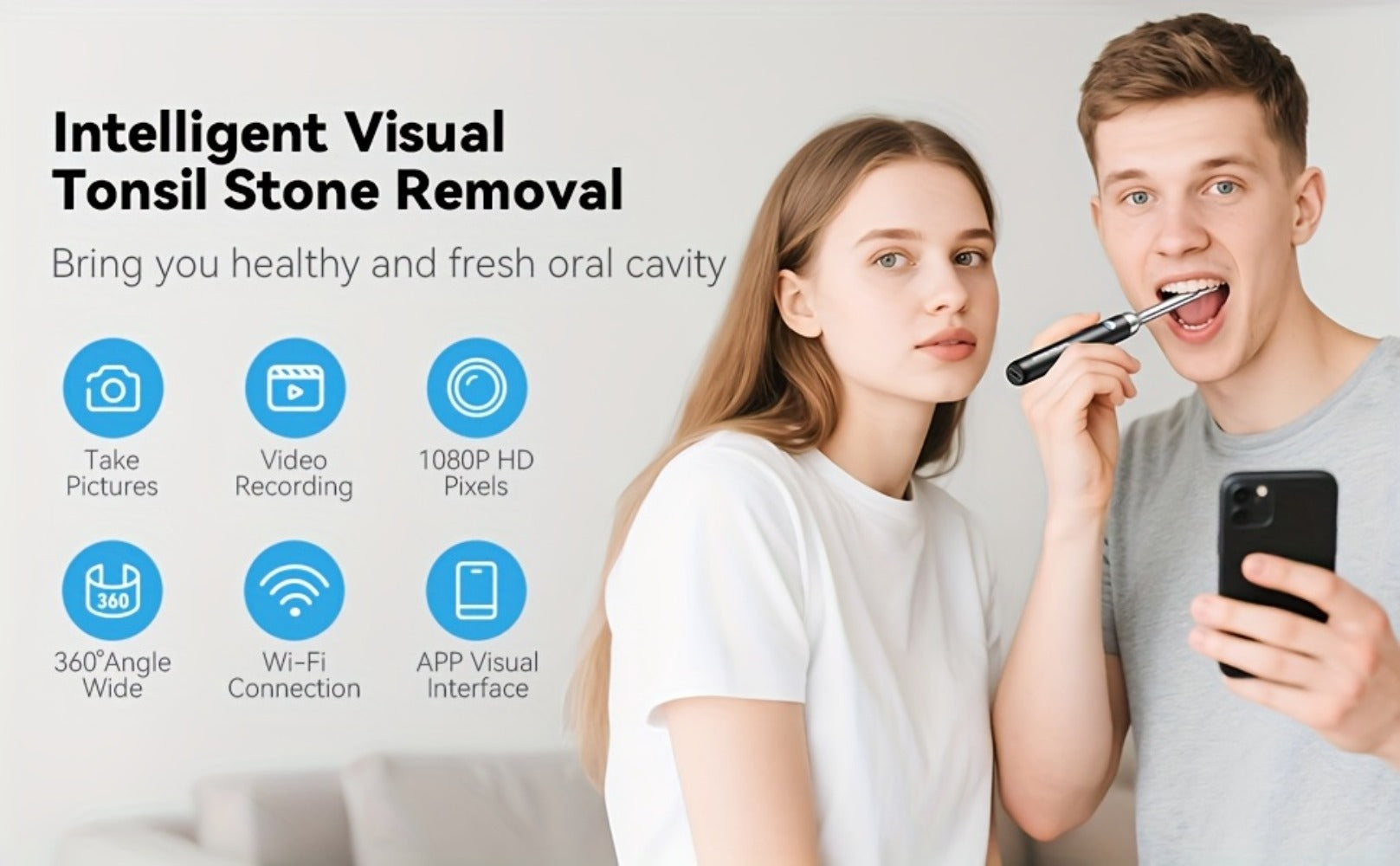 Intelligent Visual Tonsil Stone Removal Kit ¨C 1080P HD Camera, 6 LED Lights, Wi-Fi & App Connection, Multi-Accessory Oral Inspection Tool for All Ages