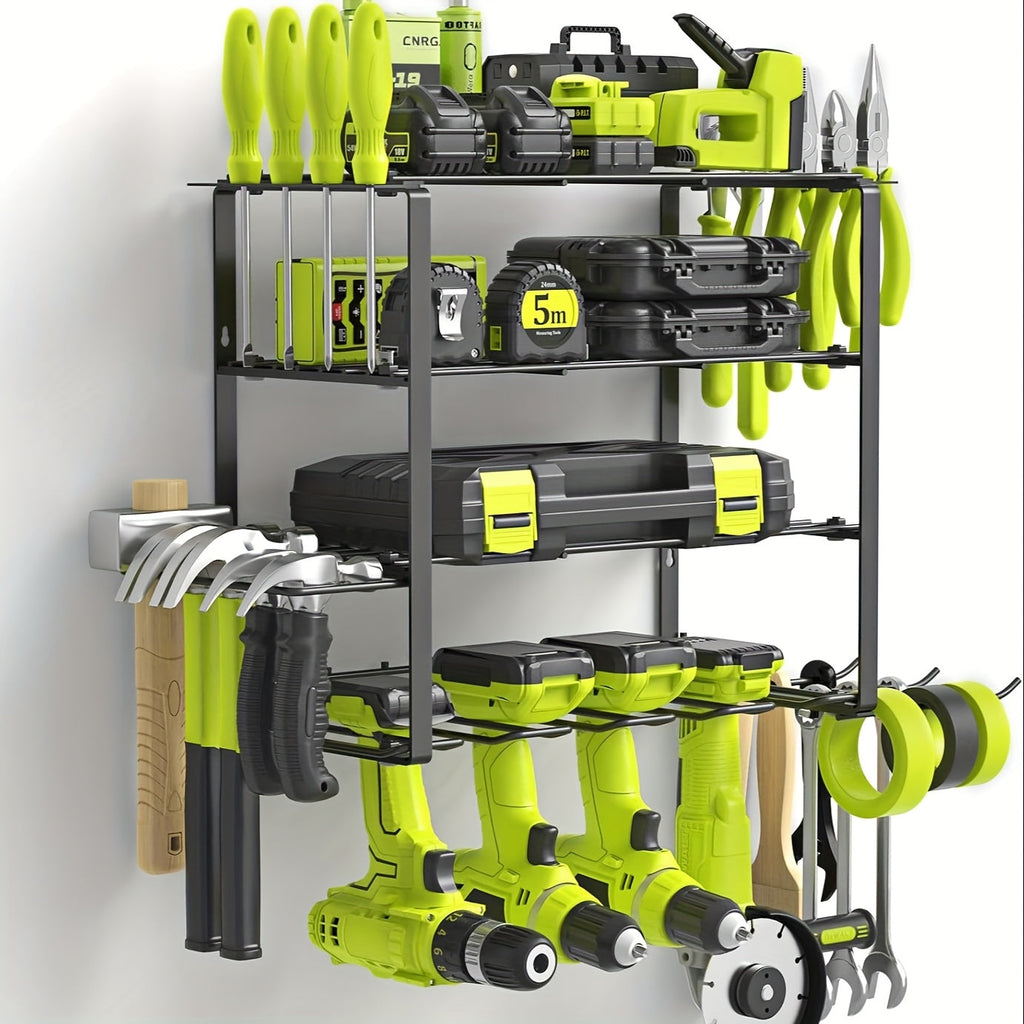 Power Drill Holder Wall Mount ¨C Heavy Duty Tool Storage Rack with 3/4 Layer Floating Shelf | Cordless Drill Organizer | 4/6/8 Drill Holders Workshop Tool Rack for Garage & Workshop Organization
