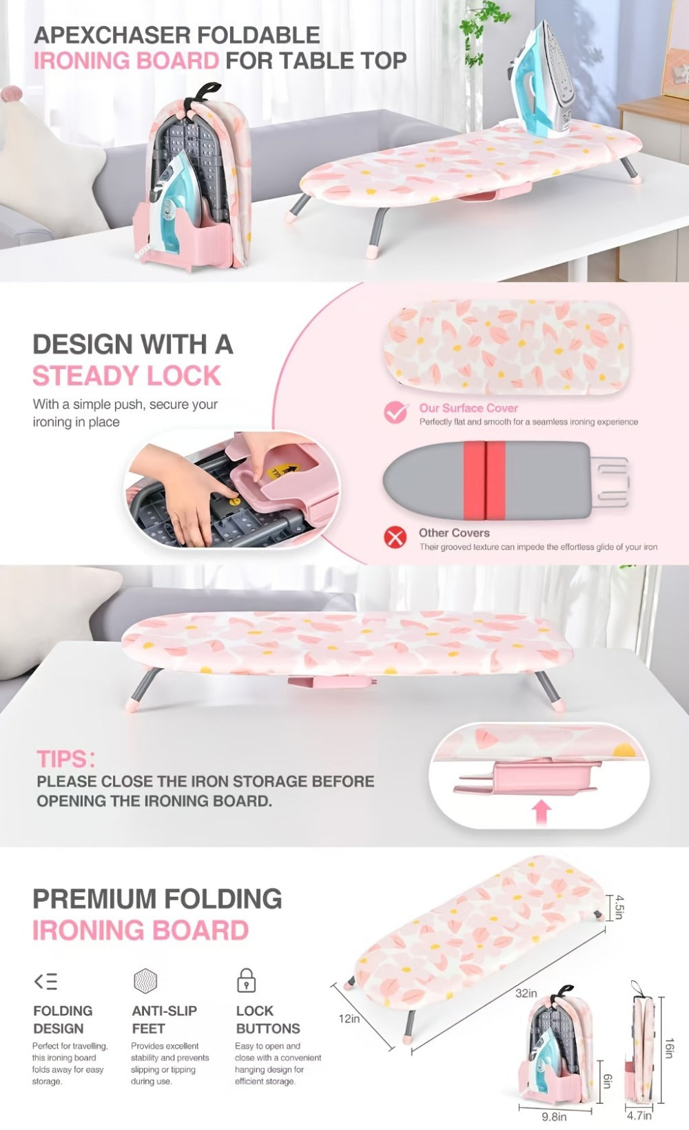 Tabletop Ironing Board with Iron Holder - Compact Portable Mini Ironing Board with Non-Slip Feet, Heat Resistant Cover, Space Saving Design for Small Spaces, Dorm, Travel - Pink