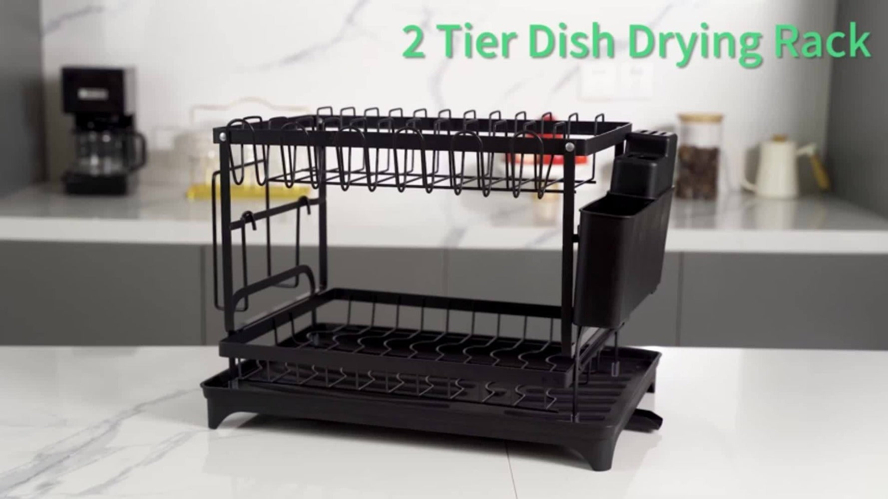 2-Tier Metal Dish Drying Rack with Drainboard ¨C Kitchen Counter Dish Drainer Compact Countertop Drying Rack Black White Gray