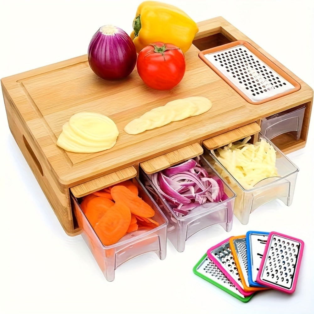Bamboo Cutting Board with Drawer & Food Container Juice Tank Cheese Shredder Carving Board with Easy Handgrip for Vegetables, Meat & Cheese ¨C Kitchen Chopping Board with Storage