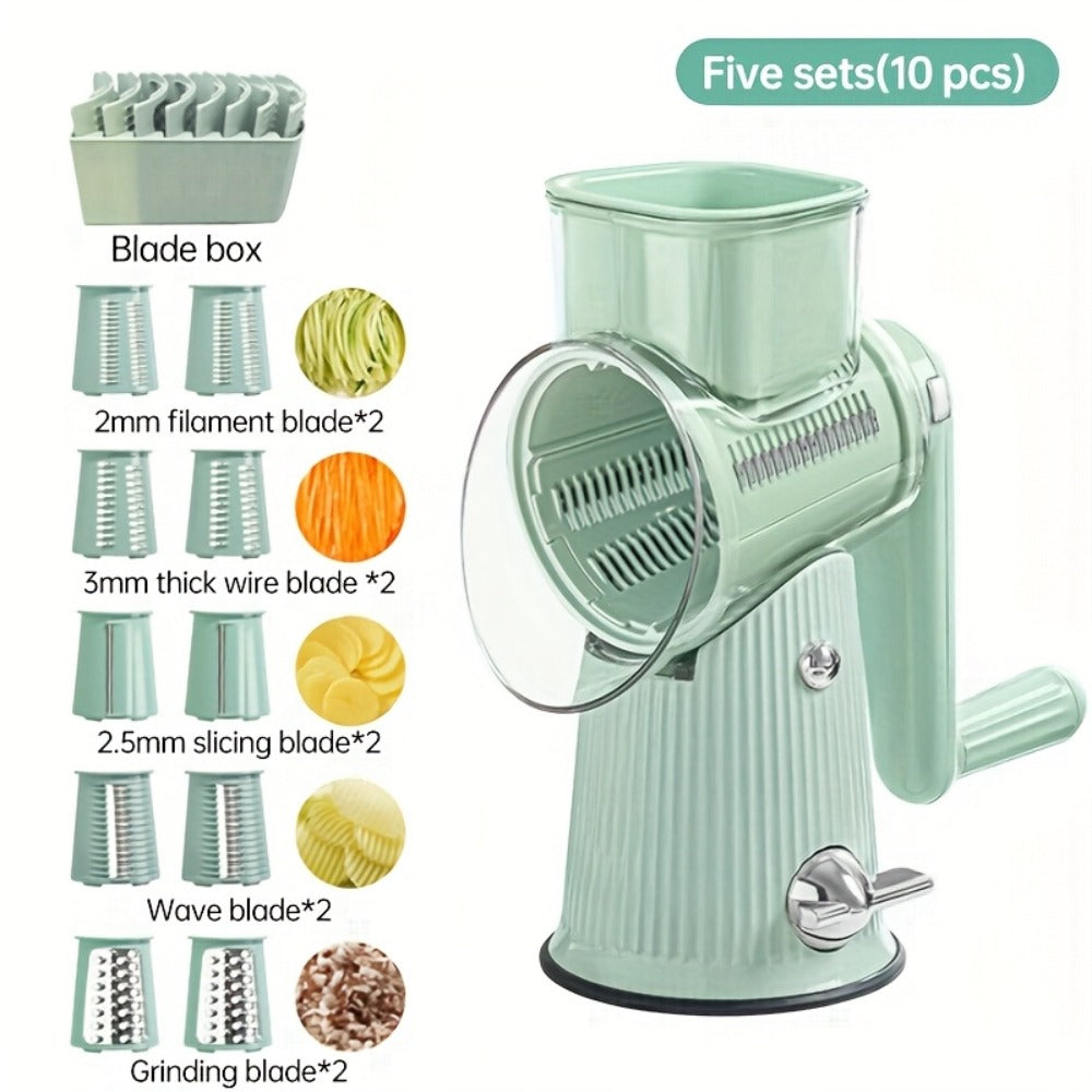 Rotary Cheese Grater with Interchangeable Blades ¨C 5-in-1 Manual Vegetable Slicer Shredder Set, Suction Cup Base, Easy to Clean, Multifunctional Kitchen Tool for Fruits, Vegetables & Nuts