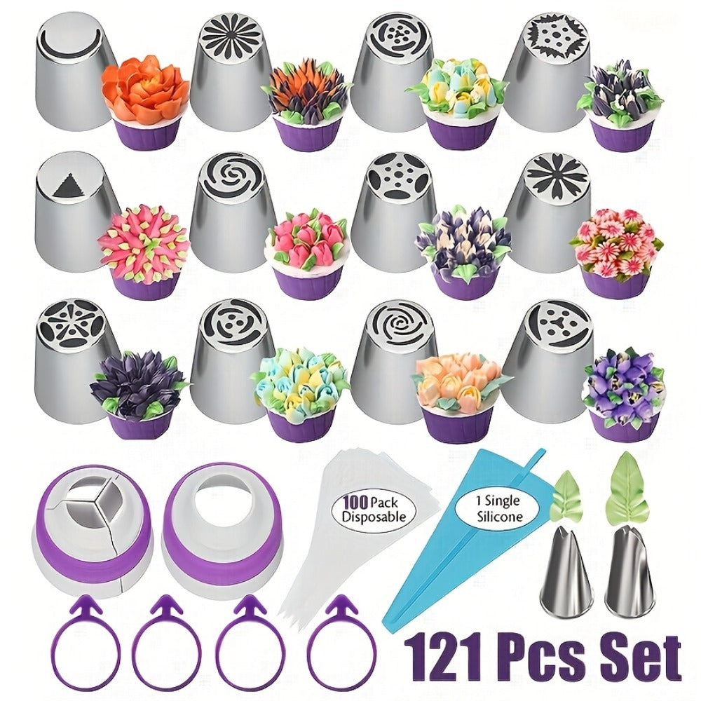 Russian Piping Nozzle Set 121pcs, 12 Flower Icing Tips, 2 Leaf Piping Tips, 2 Couplers and 100 Piping Bags, Cake Decorating Tools for Cupcake Cookie Frosting, Baking Supplies for Home and Professional Bakers