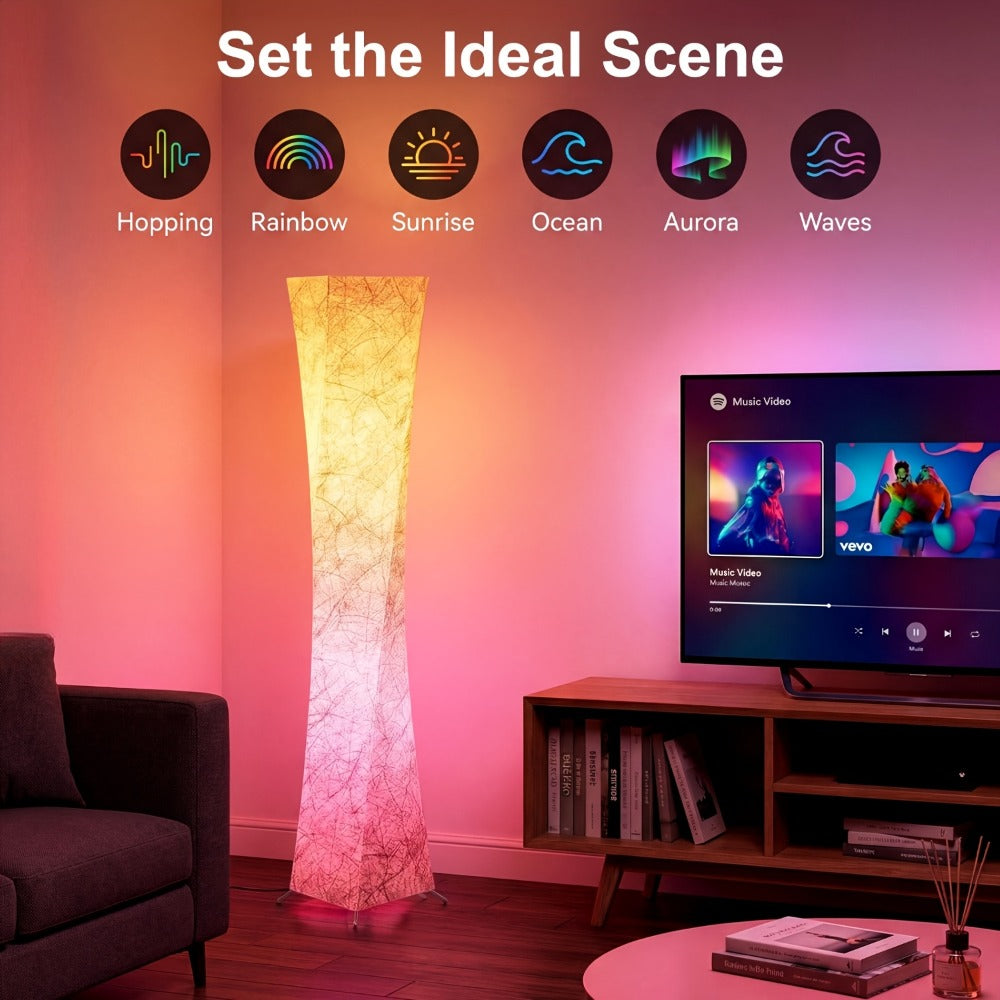 Smart RGB LED Floor Lamp Music Sync Dimmable Color Changing App Remote Control White Fabric Shade for Living Room Bedroom Office Decor