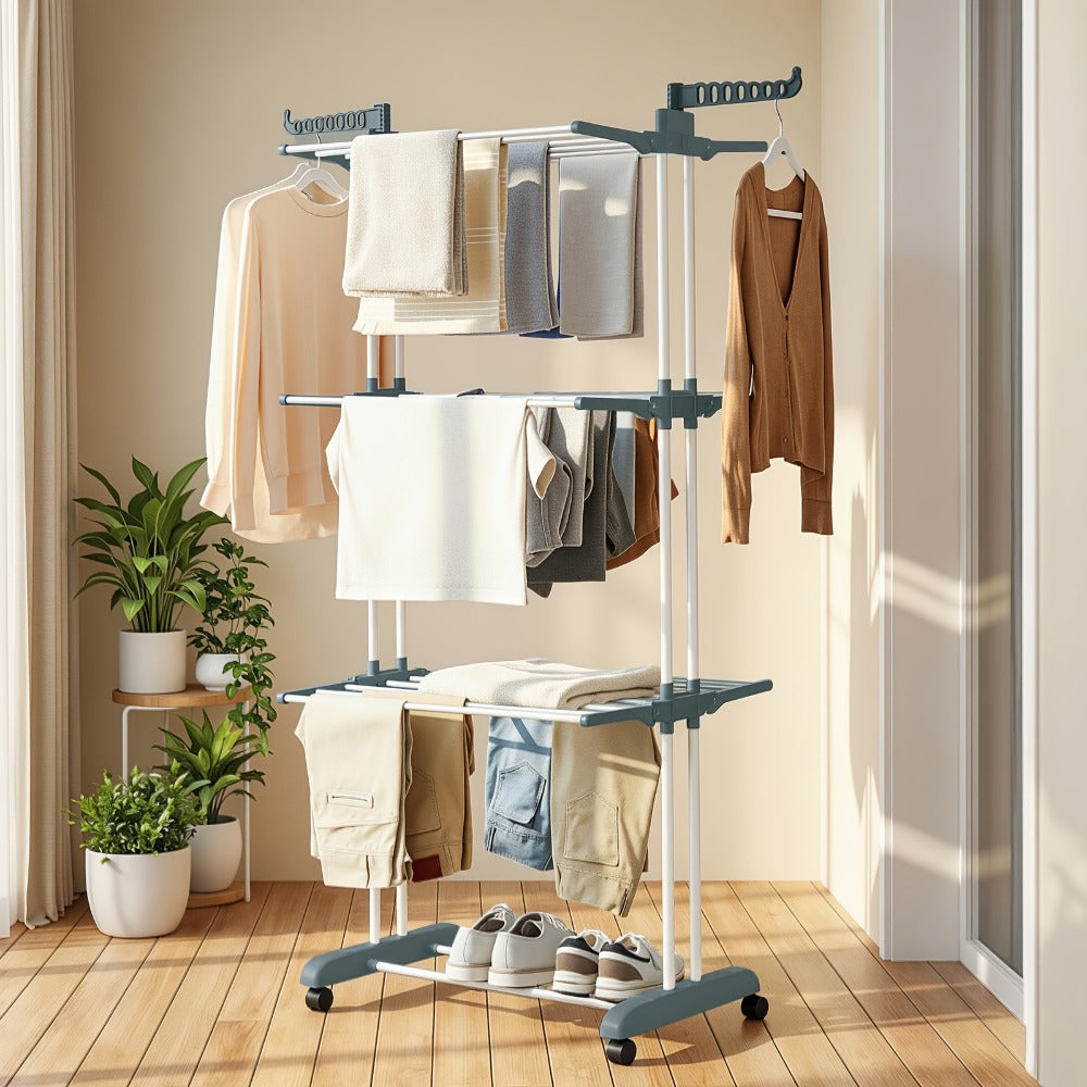 Clothes Drying Rack 4-Tier Foldable Metal Laundry Rack with Rolling Casters, Holds 30+ Garments, Adjustable Shelf Heights, Freestanding Collapsible Clothes Dryer Stand for Bedroom Bathroom Nursery Small Spaces