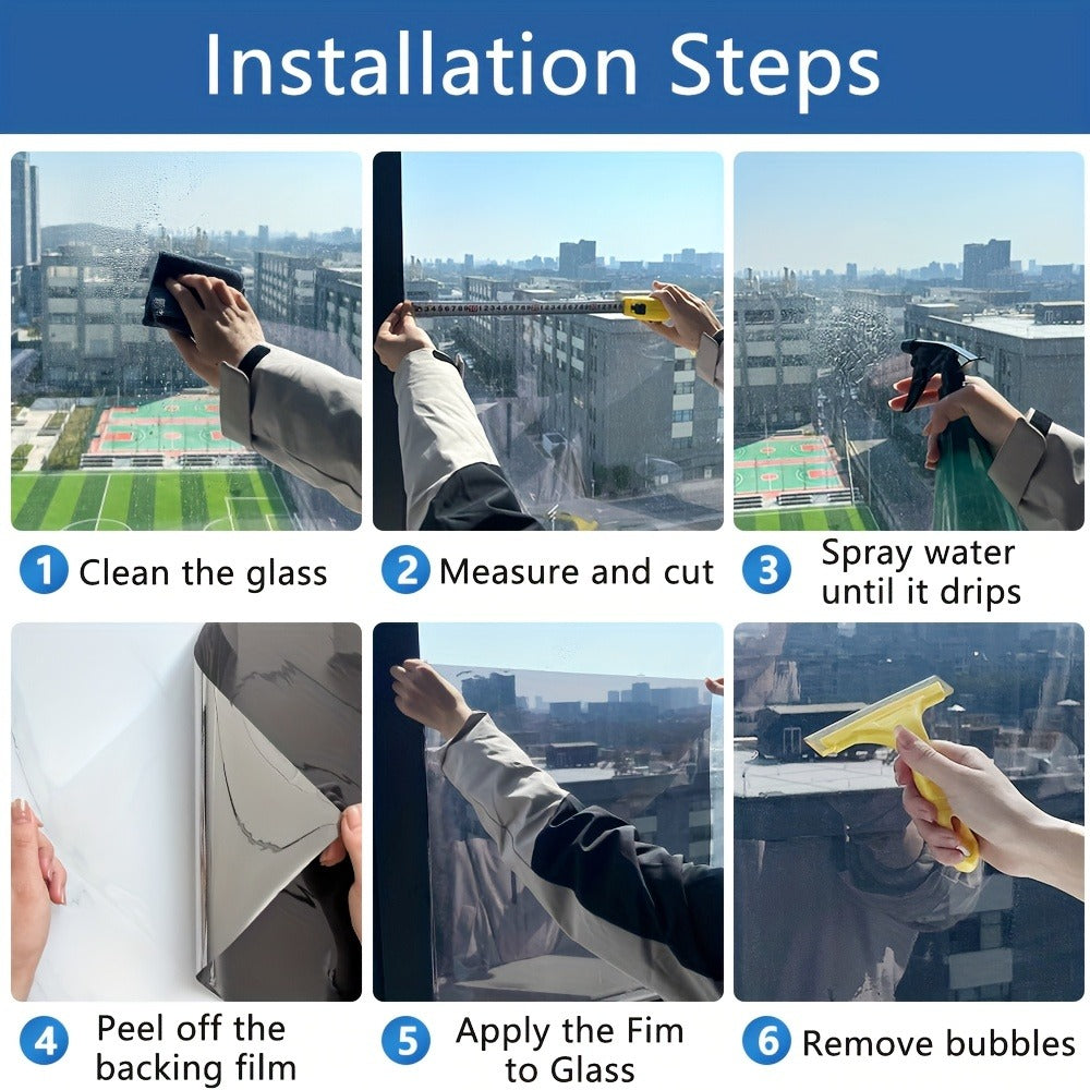 One Way Privacy Window Film Static Cling No Glue - Heat Control Anti-Glare Sun Blocking Reflective Mirror Tint for Home Office Hotel, Nano Ceramic 5Mil PVC, Easy Install Removable Window Privacy Film