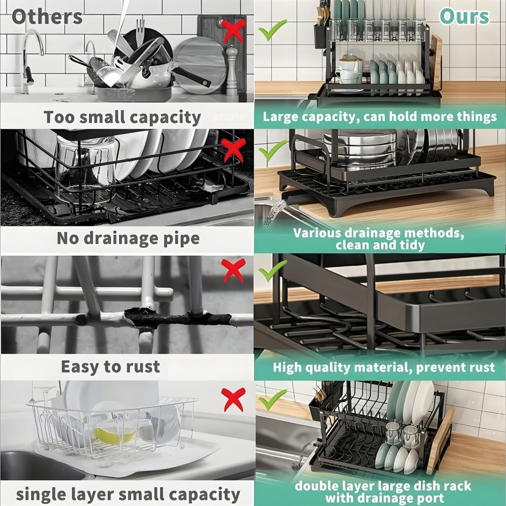 Two-Tier Dish Drying Rack with Drainboard - Metal Kitchen Dish Holder with Drainage for Countertop, Two-Level Dish Drainer for Plates, Cups & Utensils, Single or Double Layer, Black White Gray