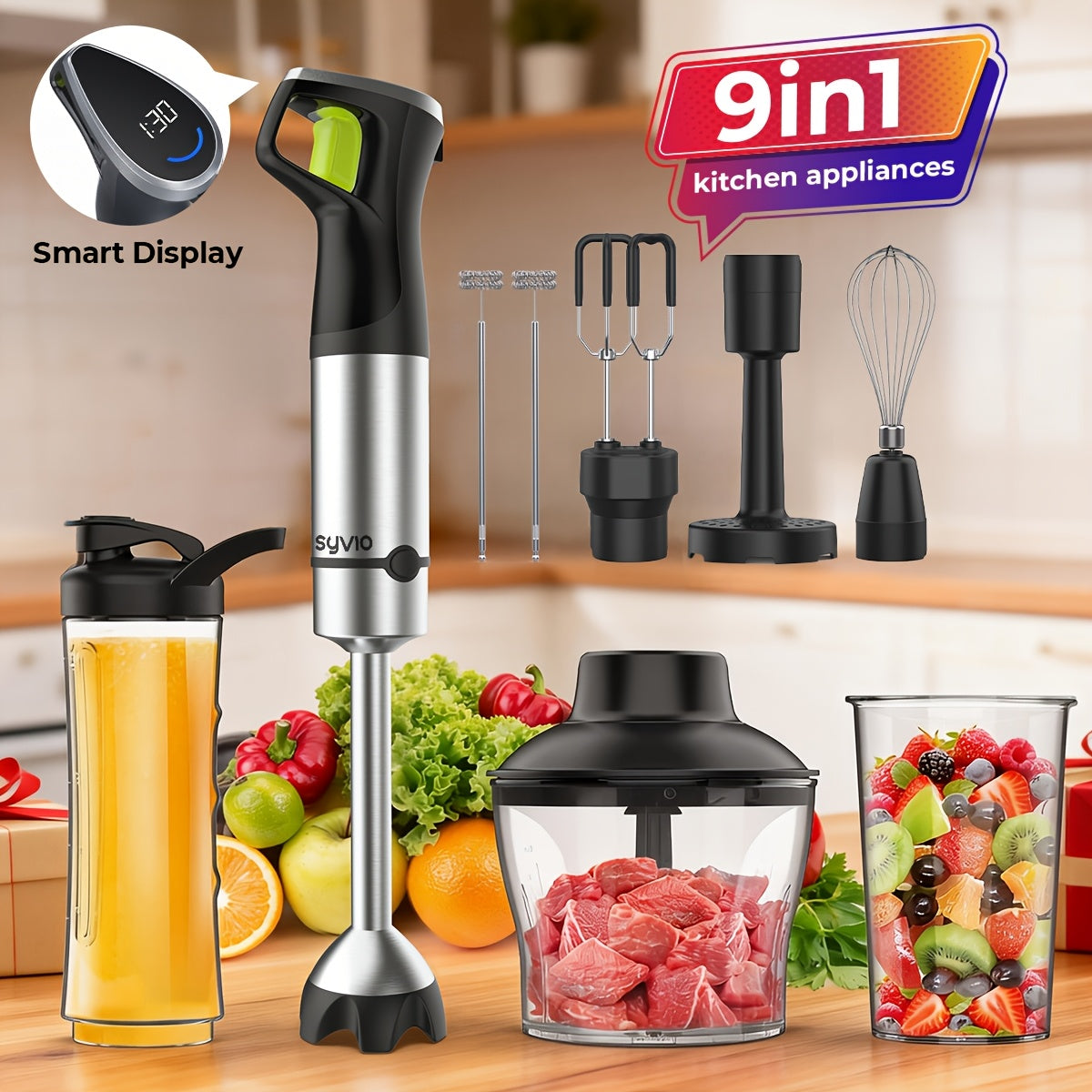 Immersion Blender 1200W 9-in-1 Heavy Duty Hand Blender Variable Speed with Time Display Chopper Whisk Milk Frother Beaker Electric Handheld Mixer for Soup Puree Smoothies