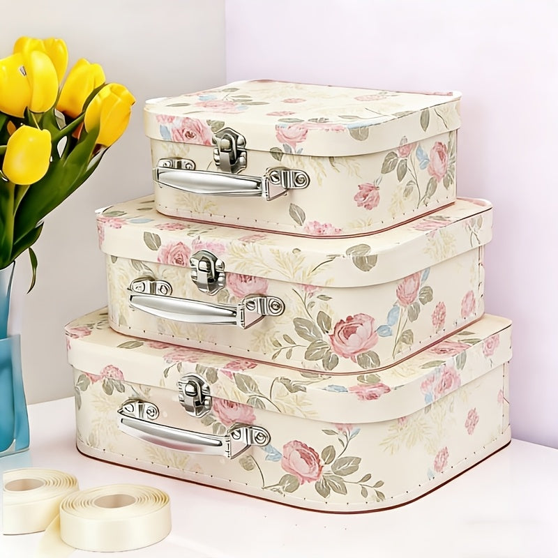 Vintage Cardboard Suitcase Set of 3 with Polka Dot Design & Lid - Decorative Storage Boxes for Wedding Party Favors Souvenirs Photos, Valentine Anniversary Christmas Gift Box