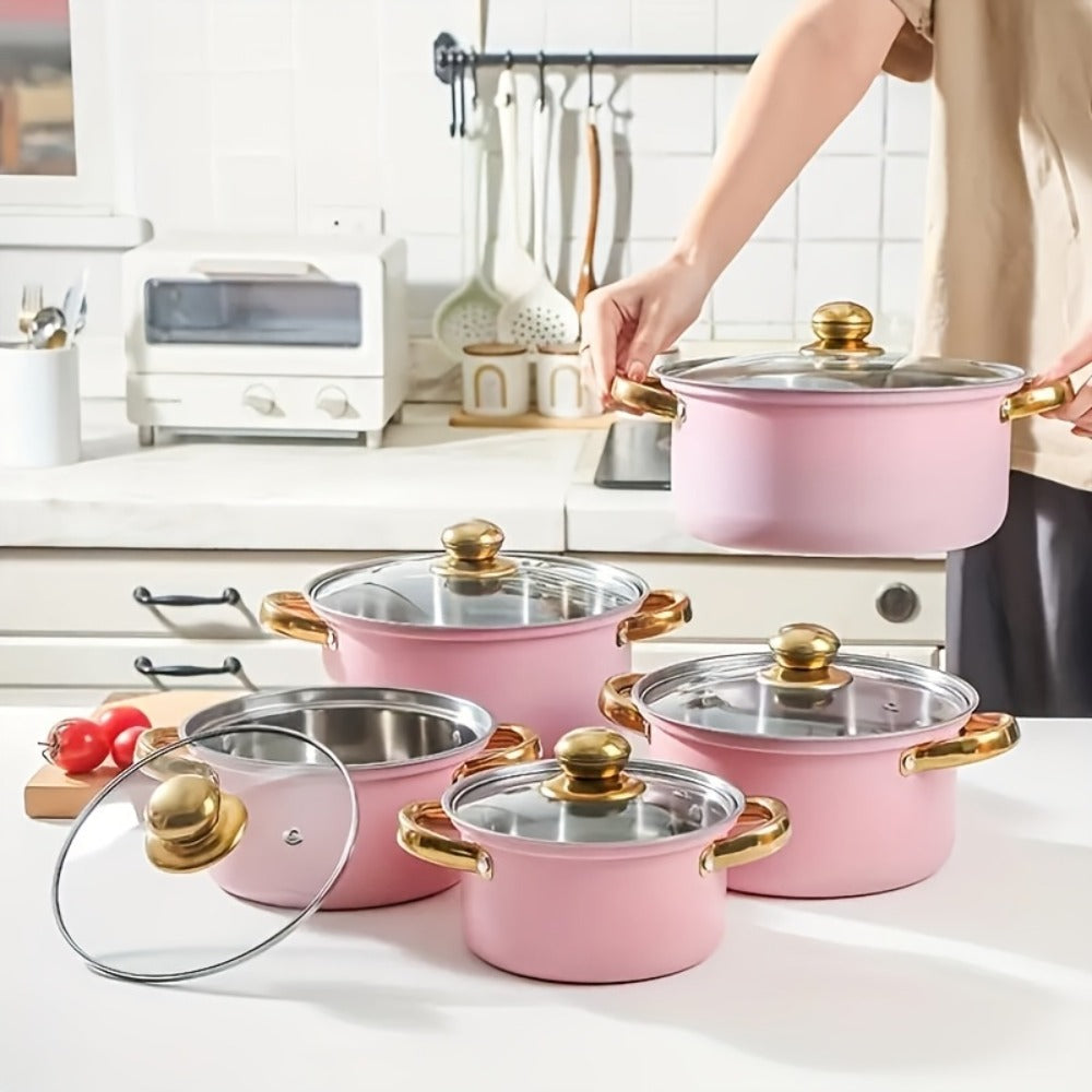 304 Stainless Steel Cookware Set with Golden Handles, 1/10/15pcs Deep Thick Soup Pot & Pan Set for Induction & Gas Stoves, Outdoor Camping & Kitchen Cooking, Pink, Silver & Orange