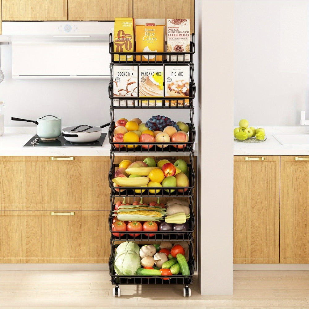 6-Tier Stackable Metal Wire Storage Basket Organizer with Wheels - Rolling Kitchen Pantry Rack for Fruits Vegetables Utensils, Space-Saving Open Shelf