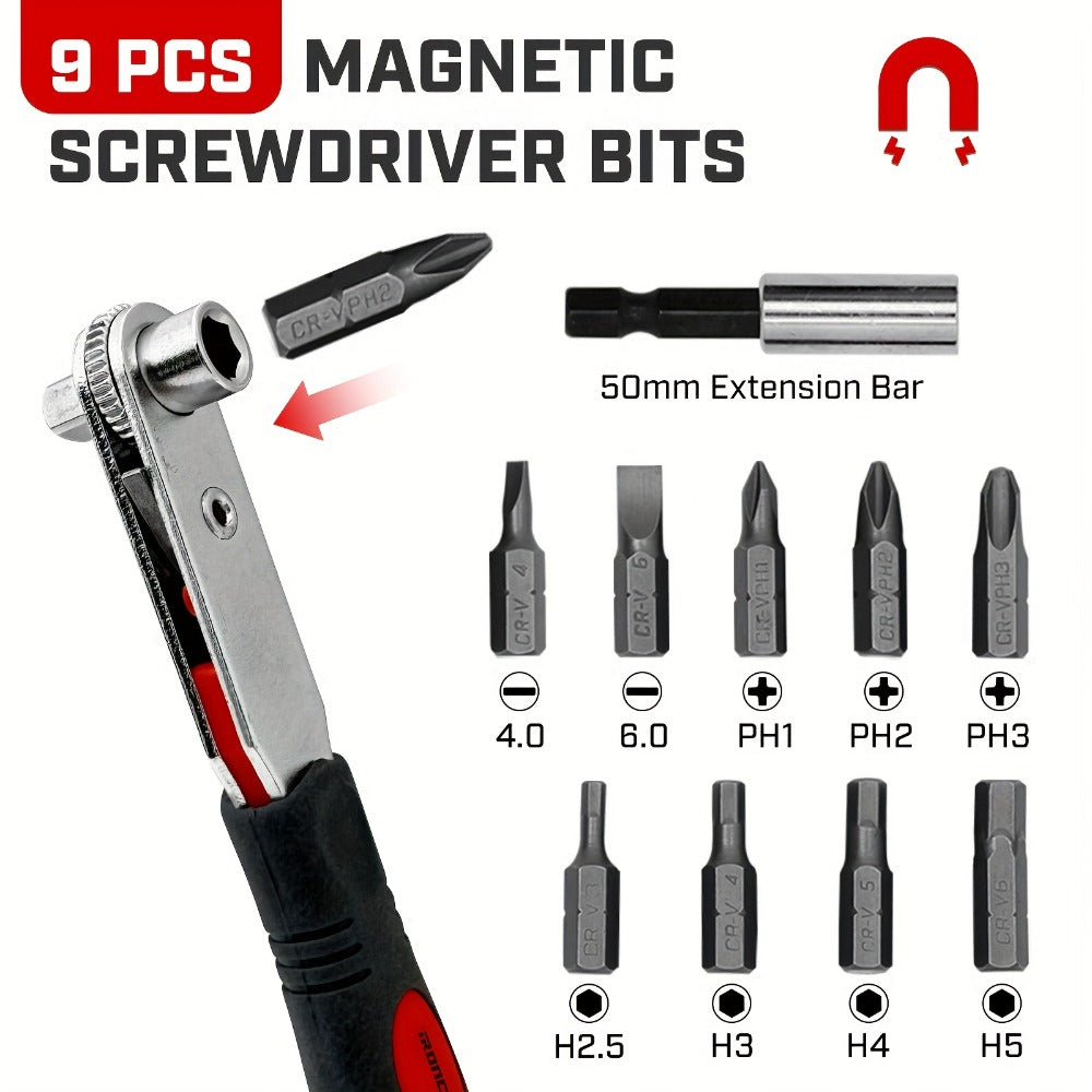 Ratchet Angle Screwdriver Set 10-in-1 & 16-in-1 ¨C Magnetic Multi-Bit Right Angle Screwdriver for Tight Spaces, DIY, Bike Repair & Home Maintenance, Compact Flexible Tool Kit
