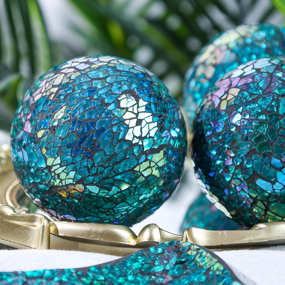 Decorative Glass Balls for Bowls 3 Inch Set of 3 with Glass Tray, Bowl Fillers Centerpiece Table Decorations for Home Decor Living Room Dining Coffee Table, Silver Black Gold Green