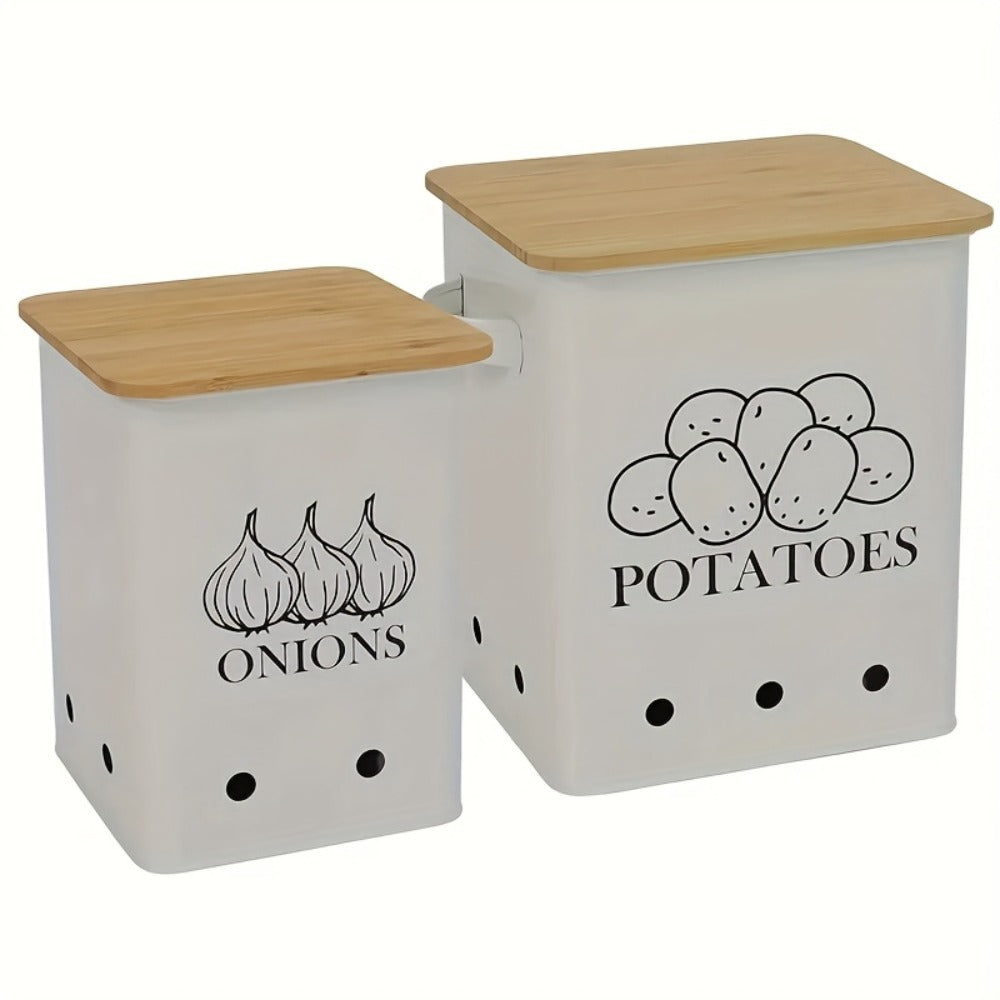 Kitchen Storage Canister Potato Onion Storage Bin Aerating Ventilation Holes Wooden Lid Multipurpose Kitchen Organizer for Onion Potato Fruit Vegetable Black White Grey Green