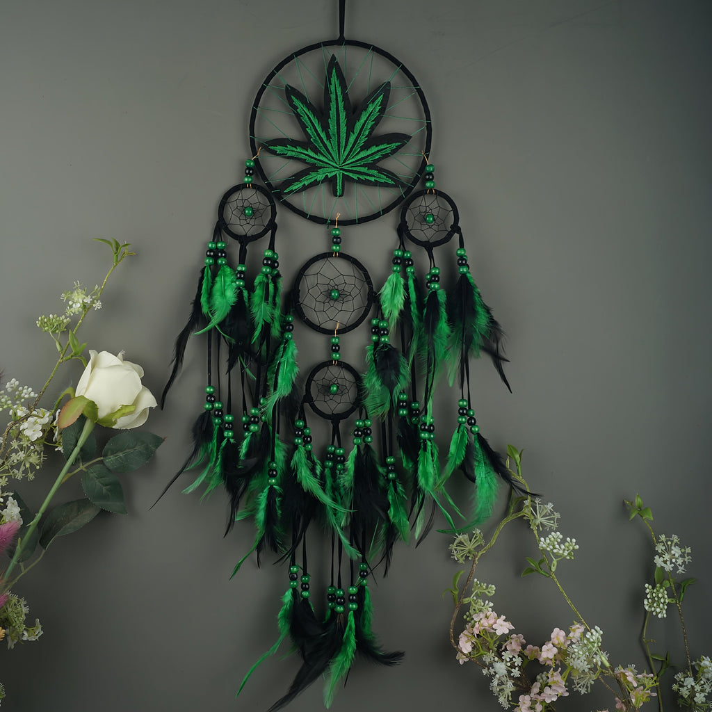 Bohemian Dream Catcher with Feathers & Leaf Embroidery ¨C Boho Wall Hanging Decor for Bedroom, Bedside, Cabin & Living Room ¨C Handcrafted Woven Dreamcatcher Gift for Women and Men