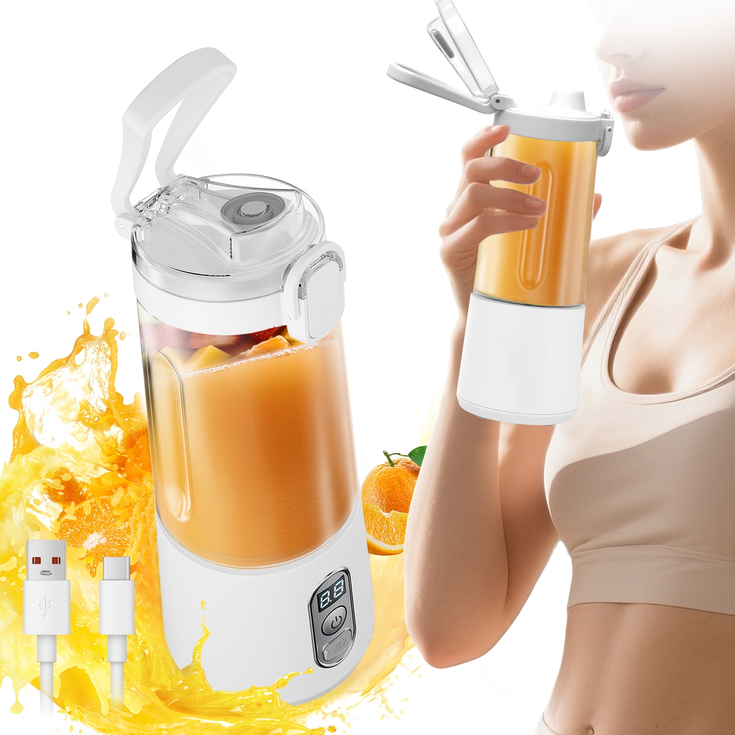 Portable Smoothie Blender USB-C Fast Charge 6-Blade Stainless Steel ¨C Digital Timer Battery Display High-Speed Ice Crush No-Spill Lid | Protein Shake Gym Travel Blender in Black Pink White