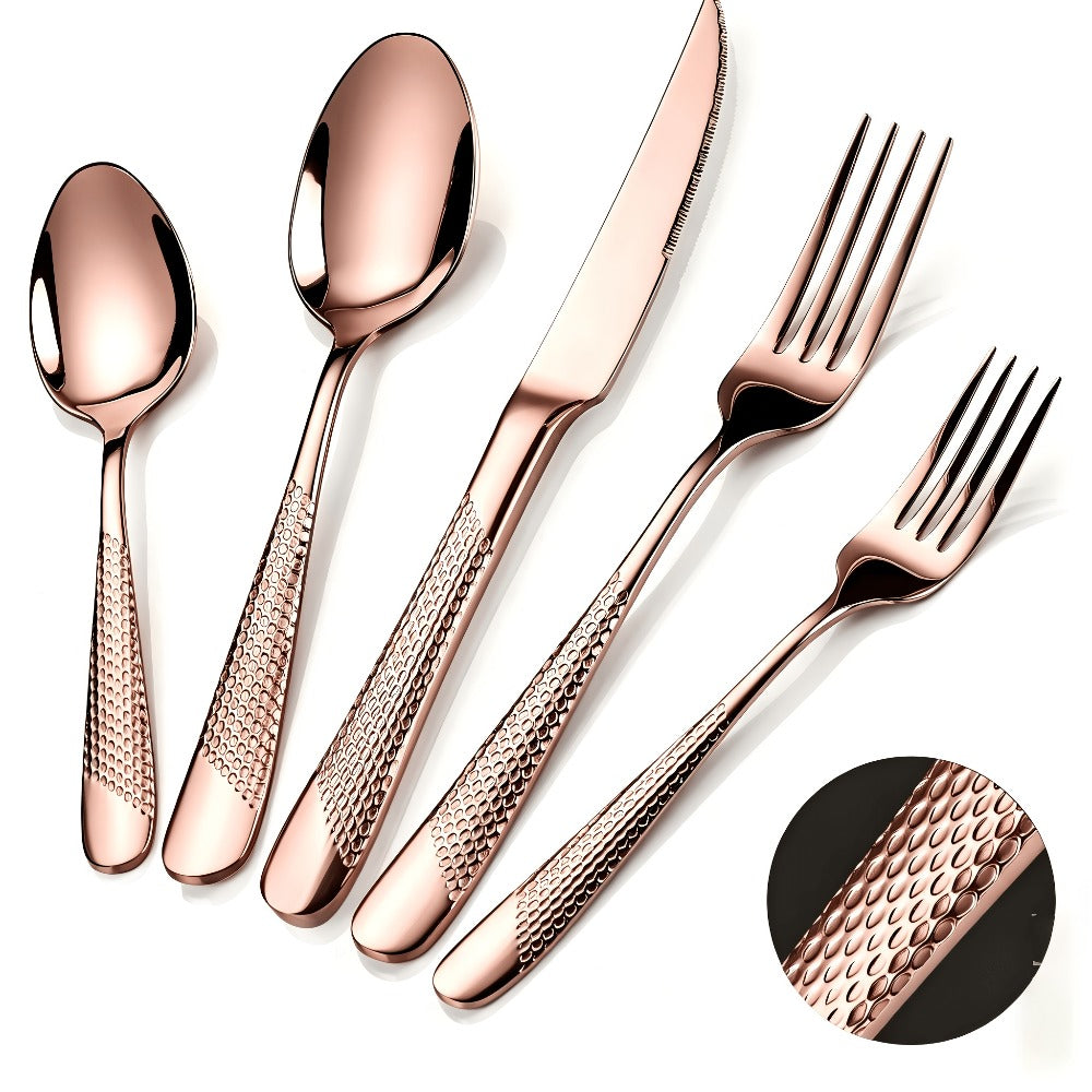 Stainless Steel Flatware Set 40/48 Piece ¨C 304 Silverware Set for 8 Hammered Mirror Polished Rose Gold Cutlery with 2-in-1 Serrated Knife Dishwasher Safe Modern Utensils for Home Restaurant Wedding