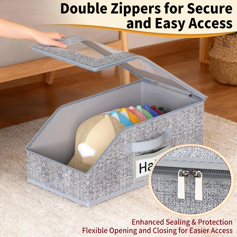 Baseball Cap Storage Box 2 Pack ¨C Foldable Stackable Zippered Hat Organizer, Large Capacity Dustproof Closet Storage for Caps, Hats & Clothes, Durable Fabric