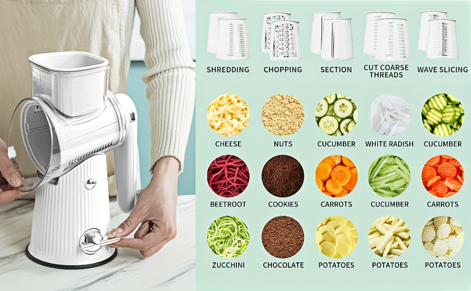 Rotary Cheese Grater with Interchangeable Blades ¨C 5-in-1 Manual Vegetable Slicer Shredder Set, Suction Cup Base, Easy to Clean, Multifunctional Kitchen Tool for Fruits, Vegetables & Nuts
