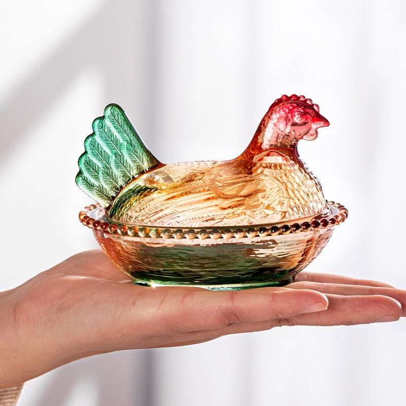 Chicken Shaped Glass Storage Jar with Lid Decorative Pearl Hen Candy Jar Reusable Desktop Organizer for Candy Fruit Snacks Kitchen Counter Home Decor Gift