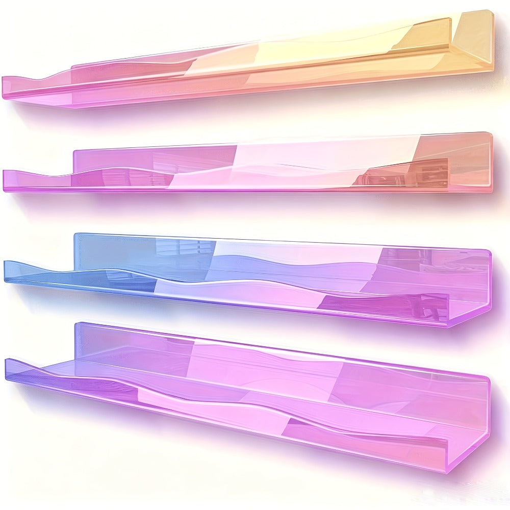 Iridescent Acrylic Floating Shelves Wall Mounted ¨C Colorful Rainbow Storage Rack for Nail Polish, Cosmetics & Sundries, Art Deco Style Bathroom & Bedroom Shelf, 2 or 4 Pack (Pink / Macaron / Clear)