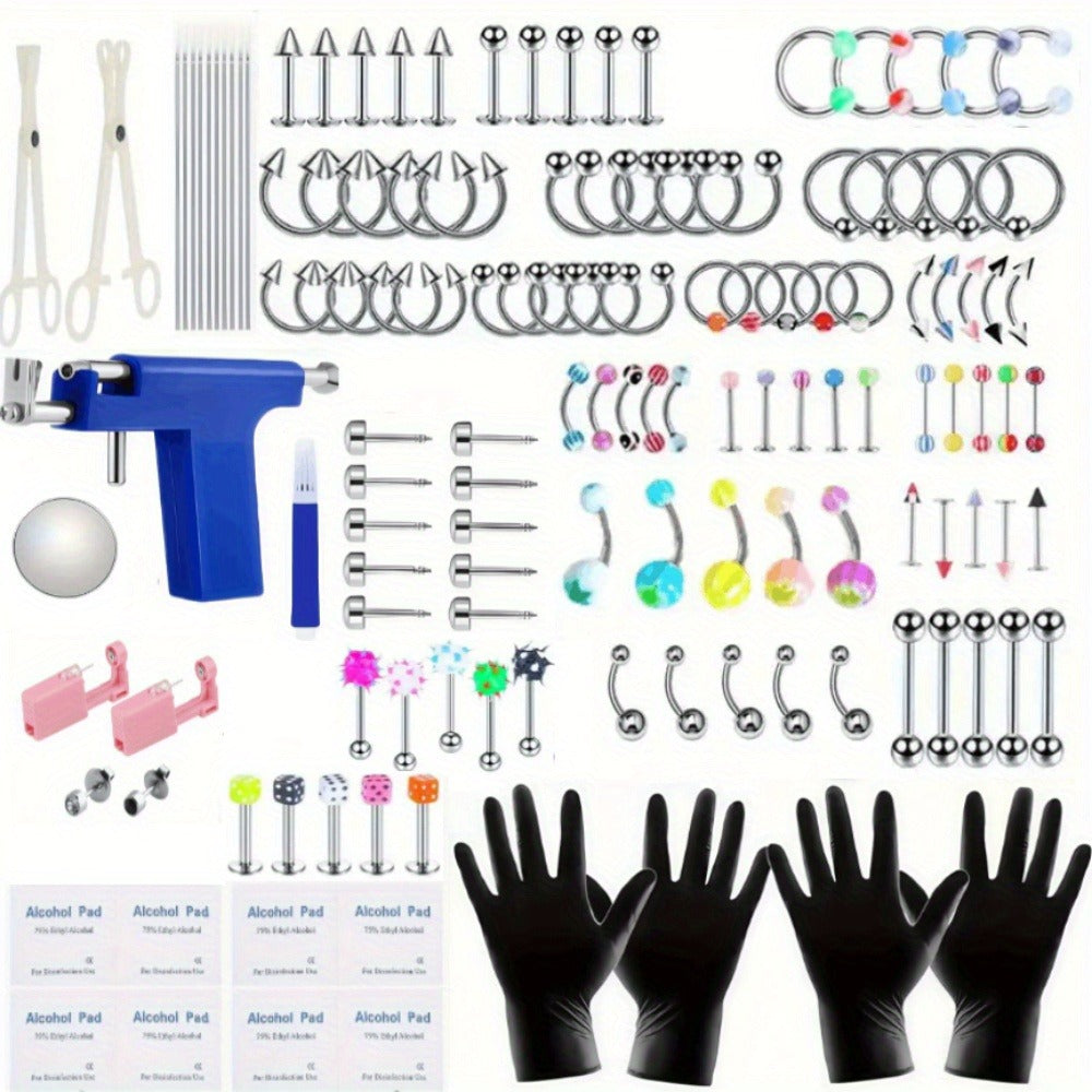 160pcs Body Piercing Kit with Piercing Gun ¨C Professional Jewelry Set for Ear, Nose, Lip & Belly with Stainless Steel & Acrylic Studs, Rings & DIY Piercing Tools