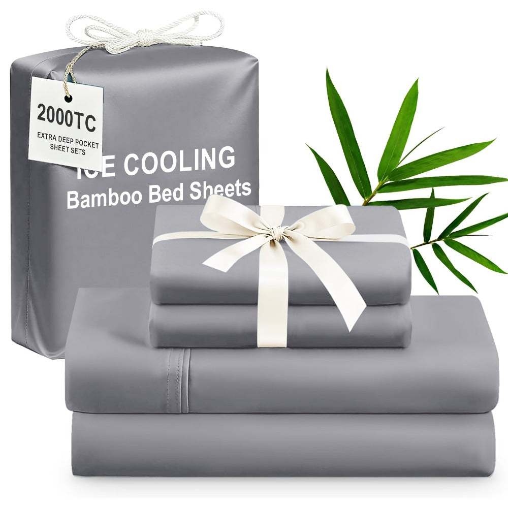 Bamboo Cooling Bed Sheet Set 4pcs Extra Deep Pocket Breathable Fitted Sheet Flat Sheet Pillowcases for Hot Sleepers Twin Full Queen King