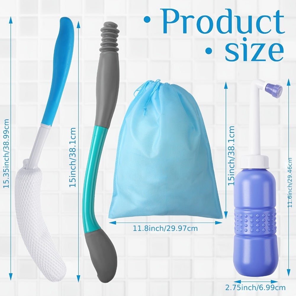 Bottom Wiper for Elderly & Limited Mobility - 4-Piece Toilet Wiping Aid Kit with Long Handle Butt Wiper, Shower Brush, Portable Bidet & Storage Bag for Independent Bathroom Self-Care