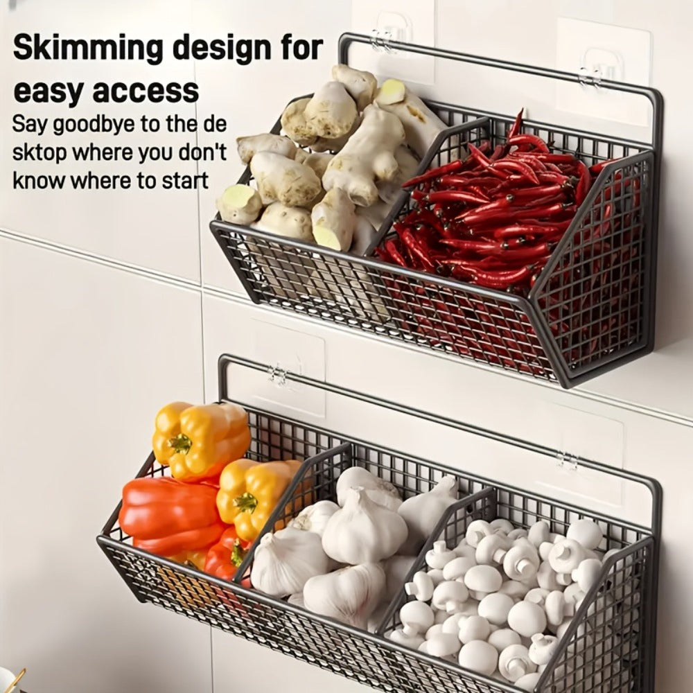 Wall Mounted Kitchen Storage Basket ¨C Metal Wire Rack Organizer, 2 or 3 Grid Tier, Space Saving Vertical Pantry Shelf for Spices, Snacks & Beverages, Home Kitchen & Retail Store Display
