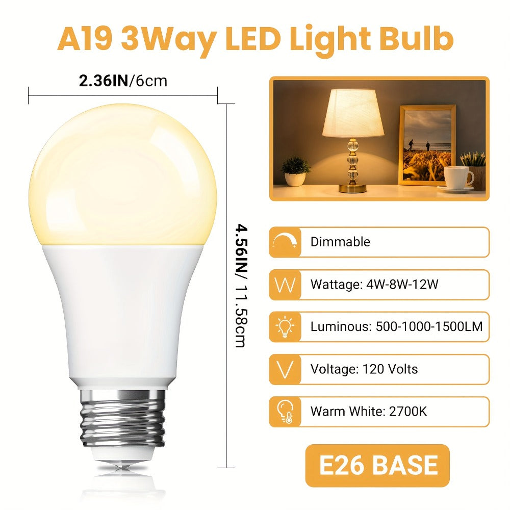 3-Way A19 Light Bulb 50 100 150W Equivalent 1500 Lumens E26 Medium Base ¨C Warm White 2700K & Daylight 5000K Three-Way Bulb for Bedroom Living Room Study Room Floor Lamp, 4 Pack