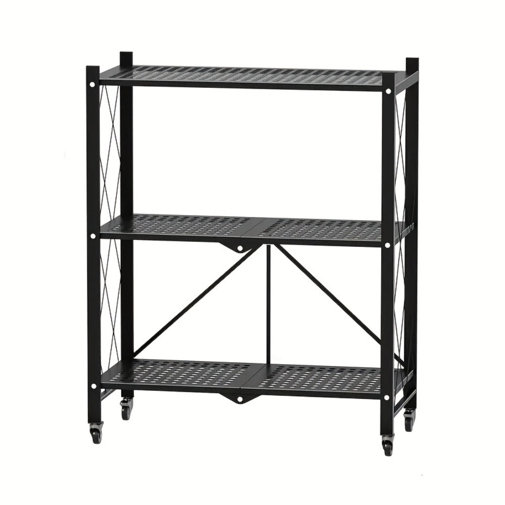 Storage Rack 3-5 Tier Foldable Shelving Unit with Wheels - Portable Multi-Layer Floor Standing Utility Shelf Organizer for Bedroom Closet Kitchen Office Black White