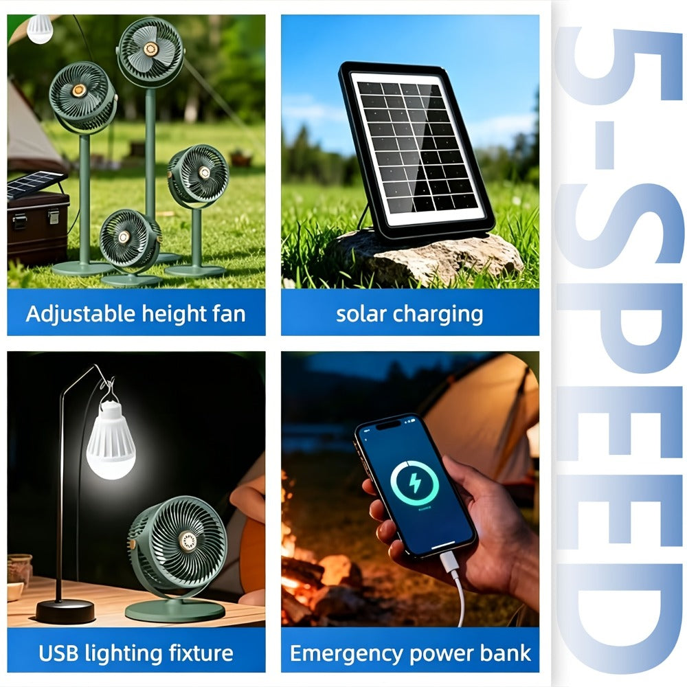 Solar Floor Fan 33-Inch Rechargeable 4000mAh USB Standing Fan Power Bank 2-in-1 360¡ã Tilt 5-Speed 4-Height Adjustable for Indoor Outdoor Courtyard RV Camping