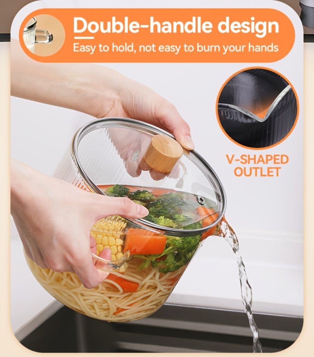 Glass Saucepan Set 2-Pack Stovetop Safe Borosilicate Ribbed Pots with Lids ¨C 78oz & 54oz Heat Resistant Cookware for Soup, Ramen, Milk | Transparent Glass Pot Kitchen Cooking Set with Baking Mat