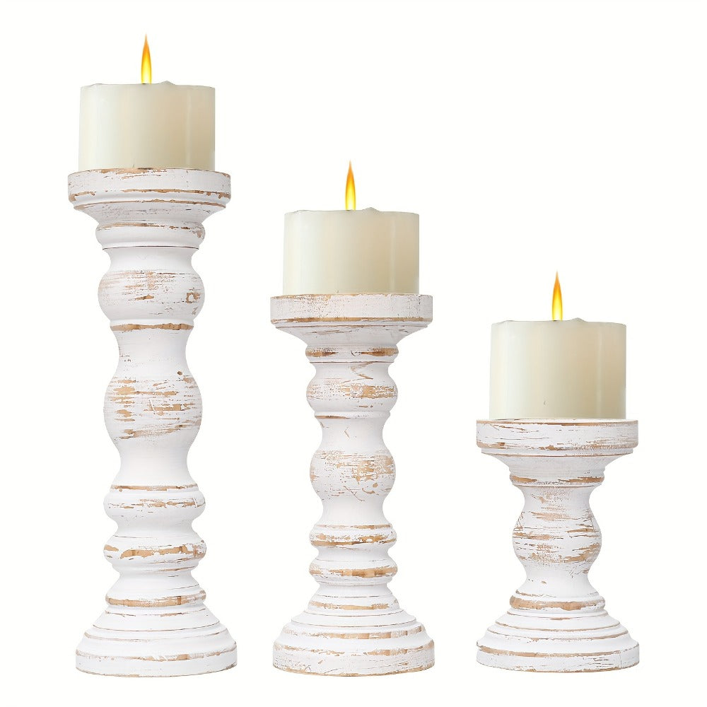 Wood Pillar Candle Holder Set of 3 - Farmhouse Rustic Wooden Candlestick Holders for Pillar Candles, Tiered Tray Decor, Table Centerpiece, Mantel Shelf Home Decor, White Black Brown