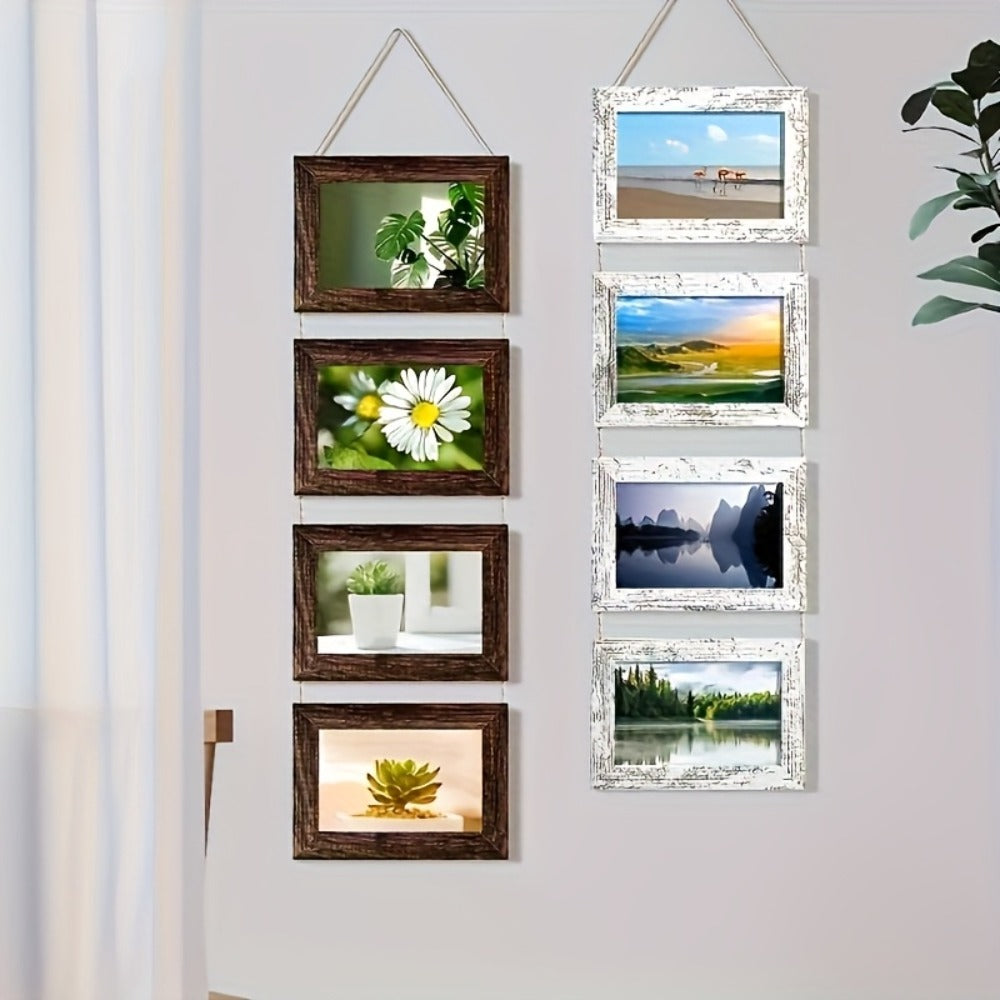 Picture Frame Set 4pcs Wooden Glass 4x6 with Flip-Top Display ¨C Collage Photo Frames for Wall & Desktop, Interchangeable Mat, Home Decor Room Aesthetic ¨C Wedding, Housewarming & Holiday Gift (White/Brown)