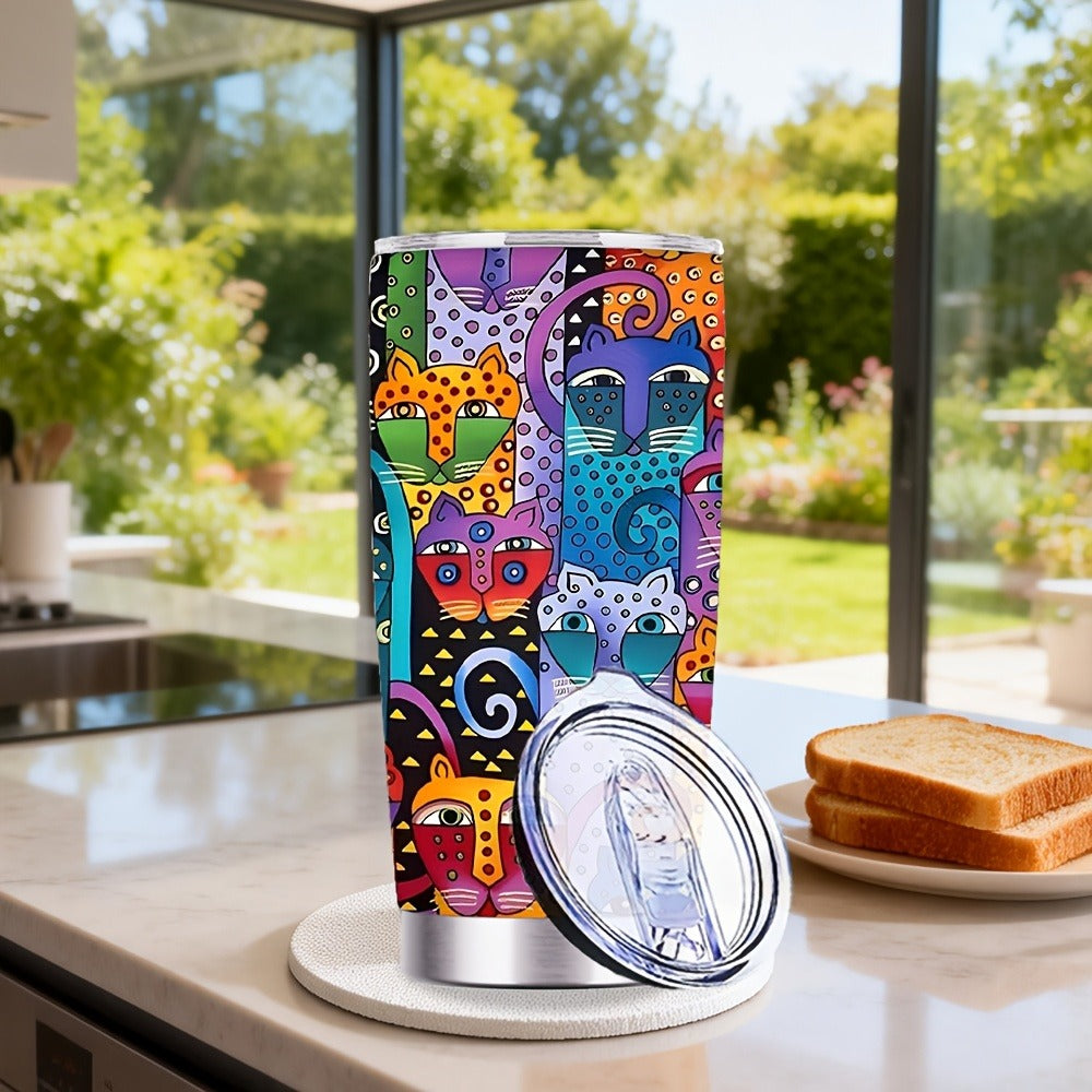 Cat Tumbler 20oz Abstract Cat Graphic Stainless Steel Insulated Cup with Lid & Straw Travel Coffee Mug Hot Cold Drinks Gift for Cat Lovers Birthday Mother's Day