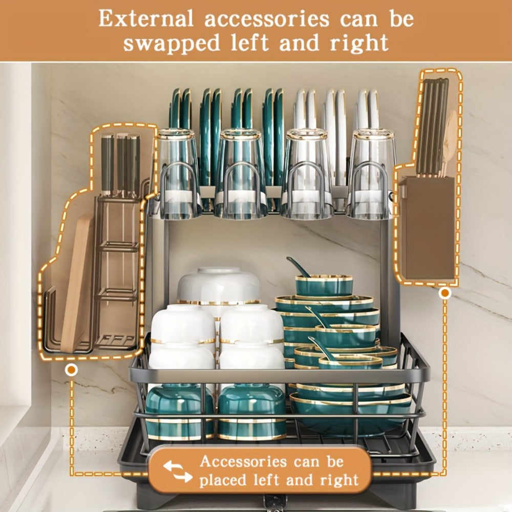 2-Tier Metal Dish Drying Rack with Cutlery Holder Cup Holder & Rust-Proof Drip Tray ¨C Space Saving Countertop Kitchen Organizer