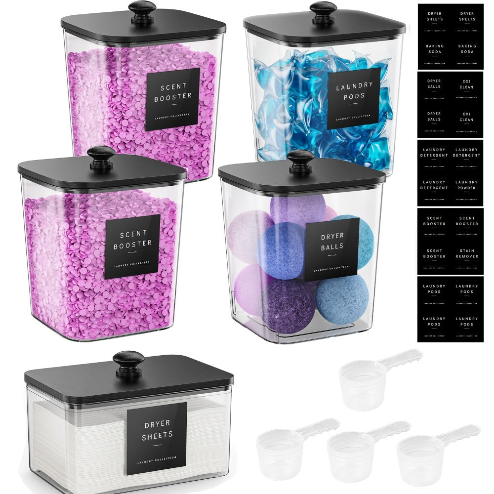 Laundry Pods Container & Dryer Sheet Holder Set with Bamboo Lids, Clear Laundry Room Organization Containers for Scent Booster, Powder, Pods ¨C 3+1 Pack