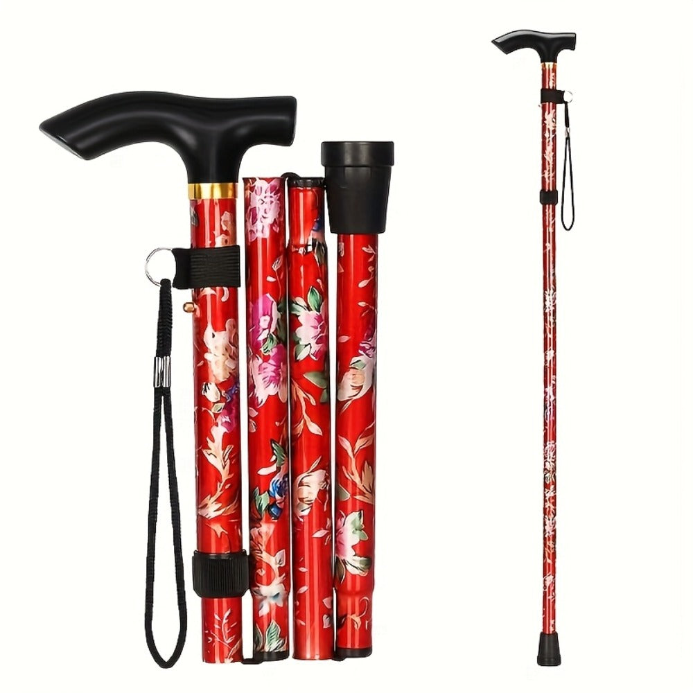 Foldable Walking Cane for Seniors Adjustable Height Folding Stick with Wrist Strap T-Handle Printed Design Portable Lightweight Mobility Aid Gift for Parents