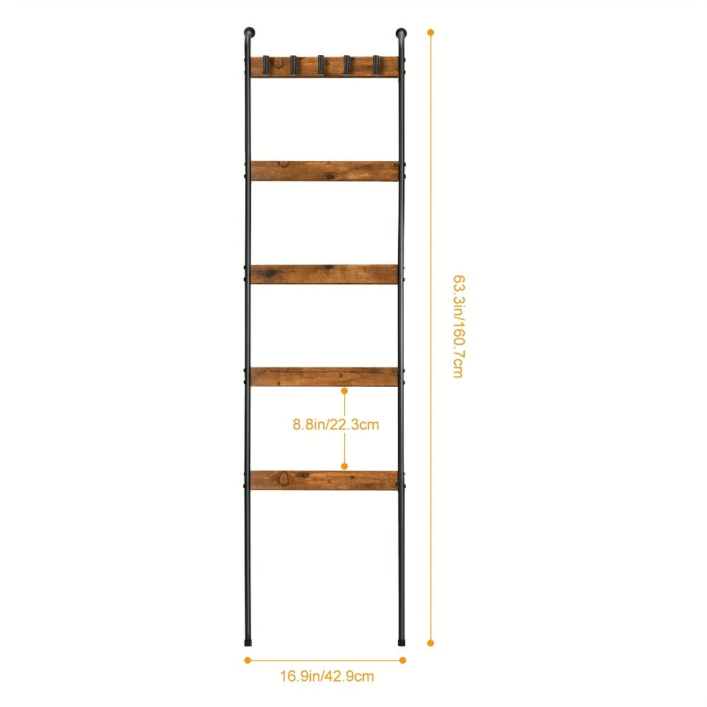 Blanket Ladder Rack 5 Tier with 10 Detachable Hooks - Freestanding Farmhouse Metal Towel Quilt Throw Storage Stand No Drilling Non-Slip Pads | Brown Black | Living Room Bathroom Bedroom Home Decor Organization