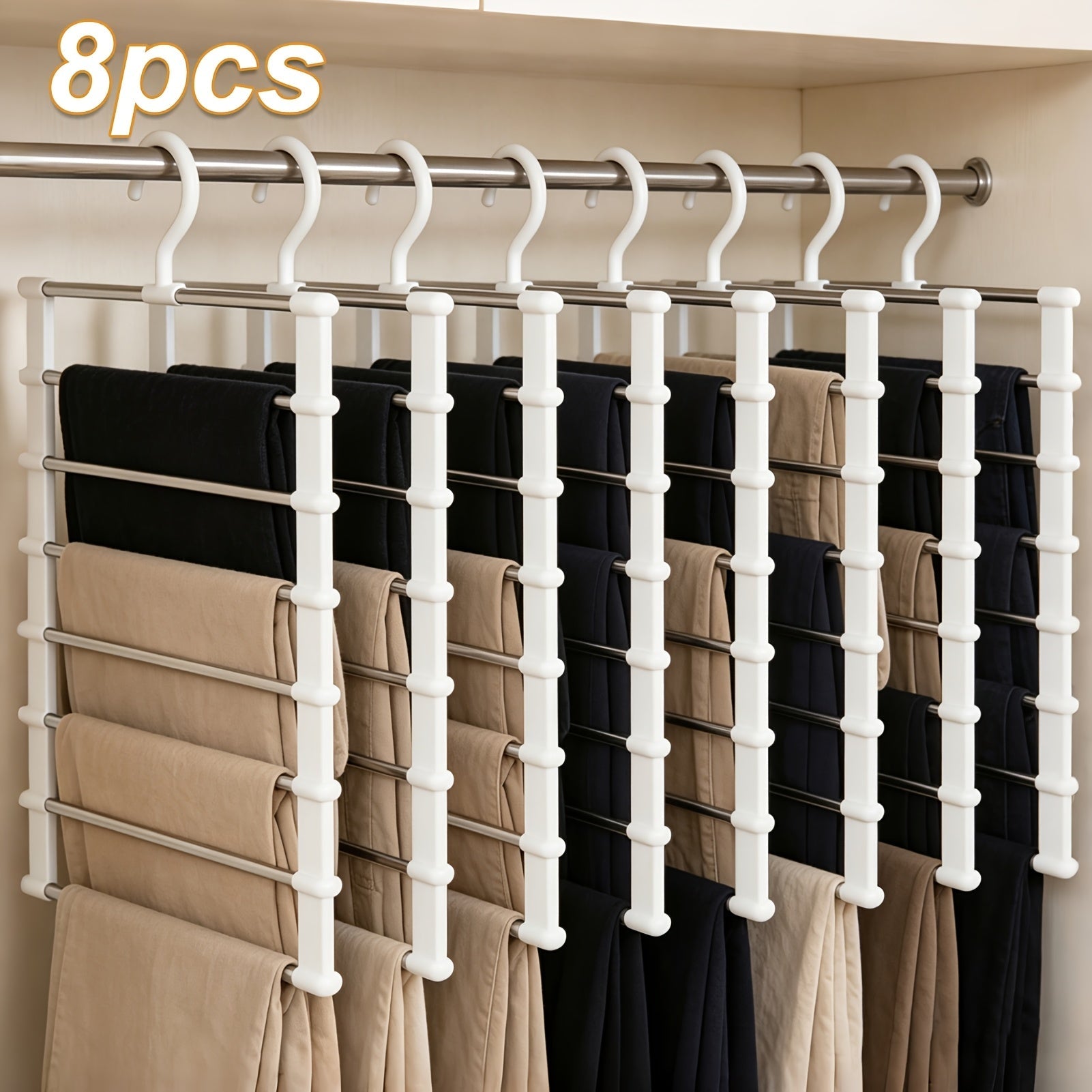 Pants Hangers Foldable Multi-Layer Stainless Steel | Non-Slip Space Saving Closet Organizer for Jeans Leggings Scarves Trousers | 4 or 8 Pack Clothes Rack Hanger