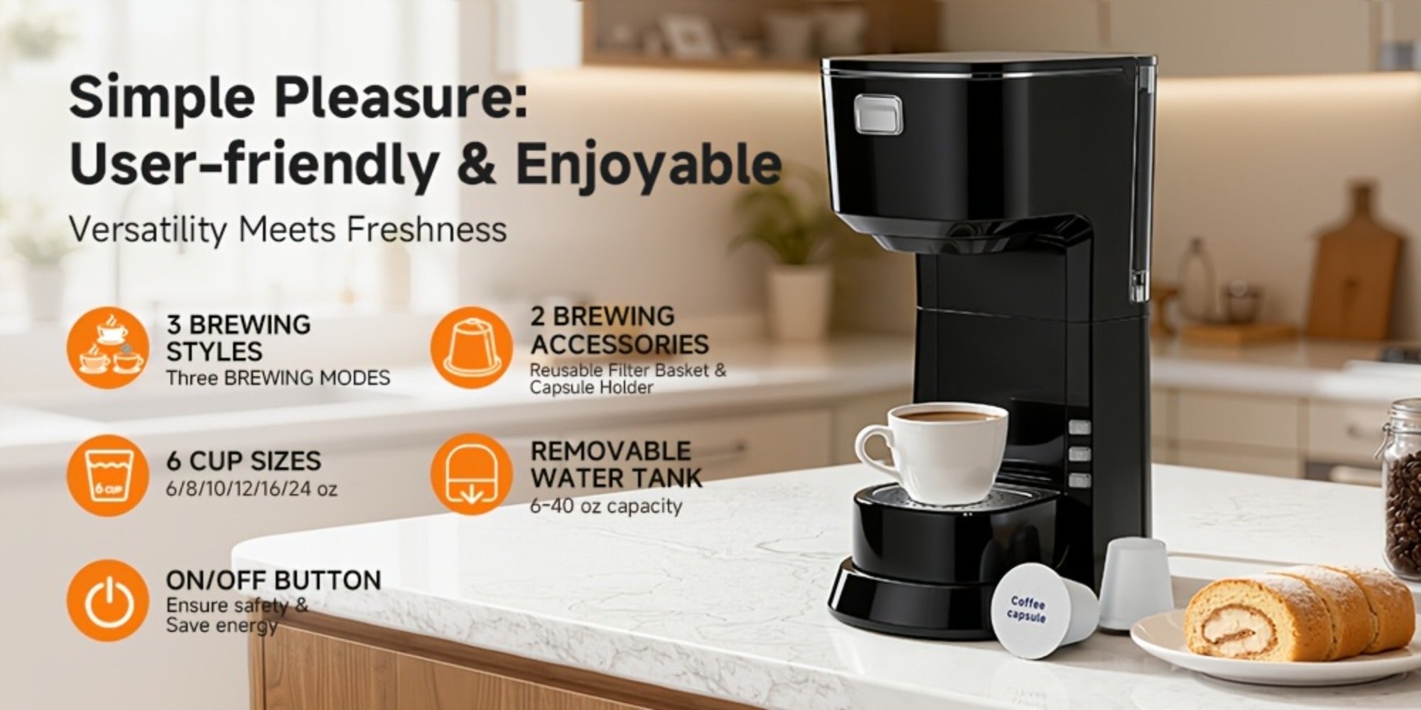 Coffee Maker One-Button Compact Specialty Coffee Machine ¨C Fast Home Brewing, Space-Saving Countertop Design, Barista-Style Results, Available in Black & White