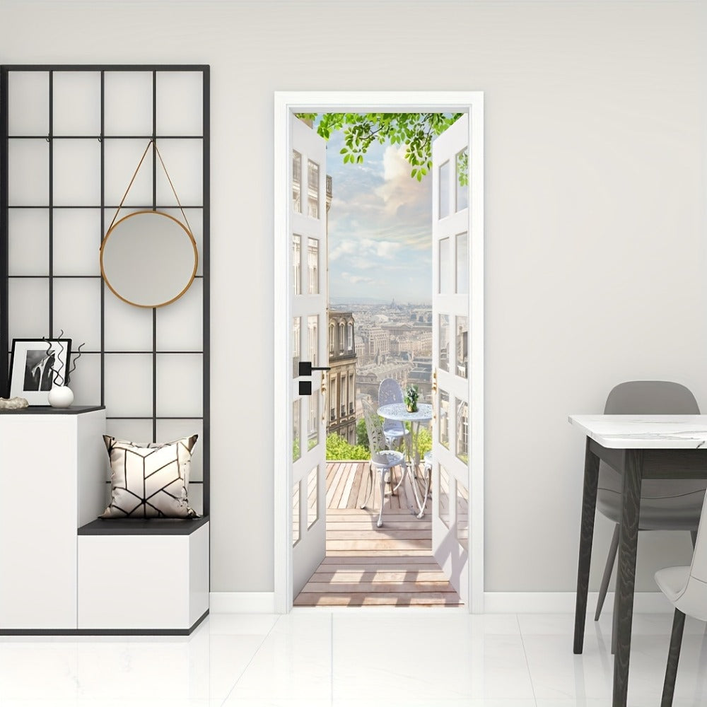 Door Sticker Balcony Scenery Wall Mural ¨C Removable Waterproof Peel & Stick Large Wall Art for Bedroom & Living Room, Faux Window View Home Decor, 35.43 x 78.74 Inches
