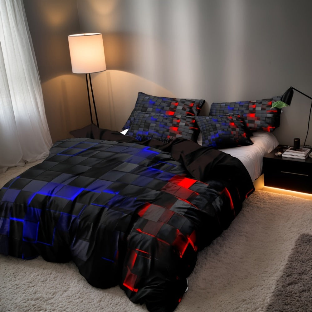 Duvet Cover Set Queen King Twin Full 3D Geometric Cube Print | 3-Piece Polyester Bedding Set | Black Blue Grid Pattern | All-Season Soft Quilt Cover + 2 Pillowcases | Machine Washable