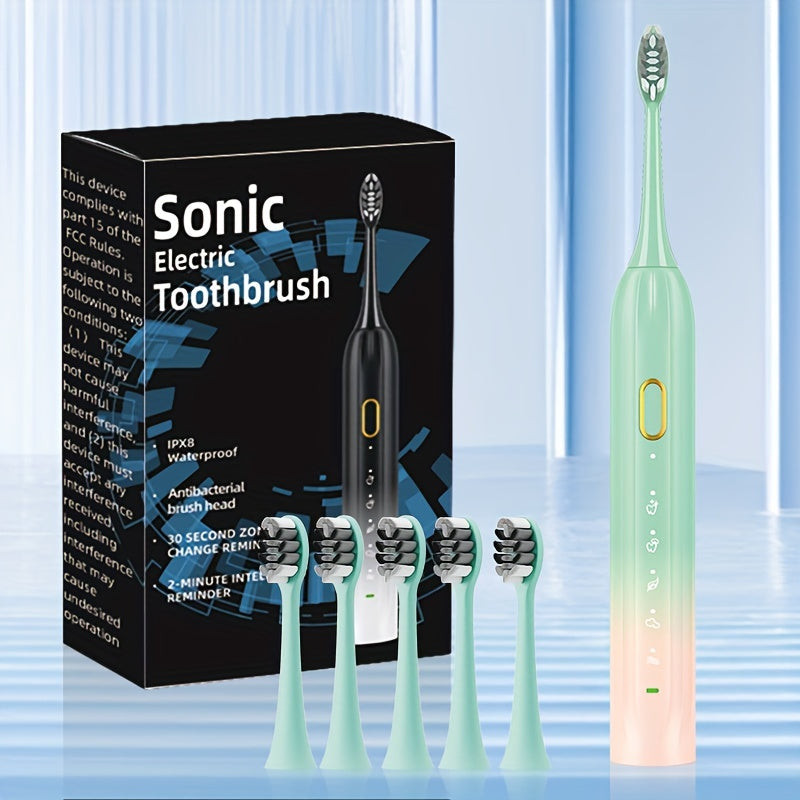 Sonic Electric Toothbrush IPX8 Waterproof USB Rechargeable with 5 Replacement Brush Heads, Smart Timer, Metal Shaft, Couple Design for Adults Men & Women ¡ª Black, Green Pink, Pink White